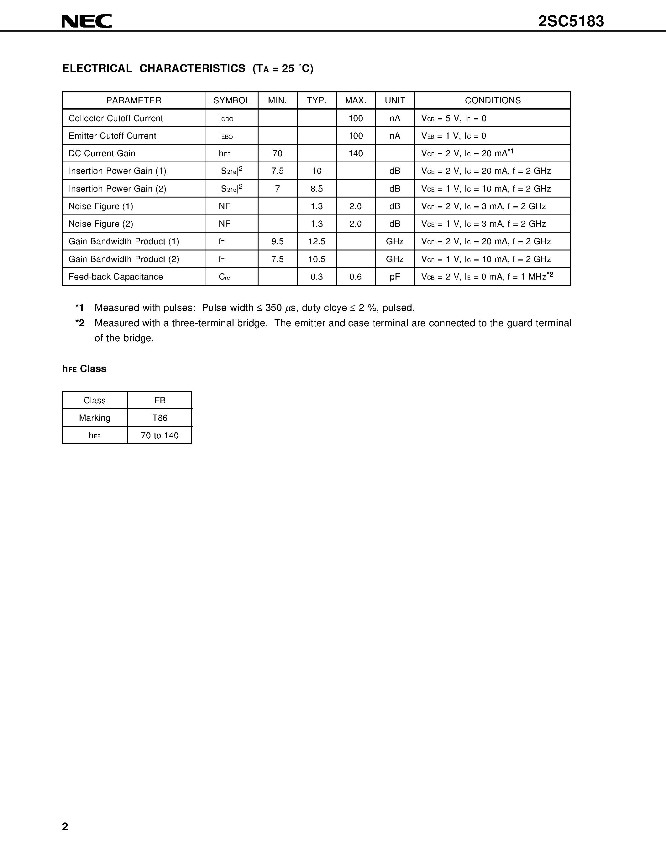 Datasheet 2SC5183-T2 - NPN EPITAXIAL SILICON TRANSISTOR IN 4-PIN MINI-MOLD PACKAGE FOR LOW-NOISE MICROWAVE AMPLIFICATION page 2