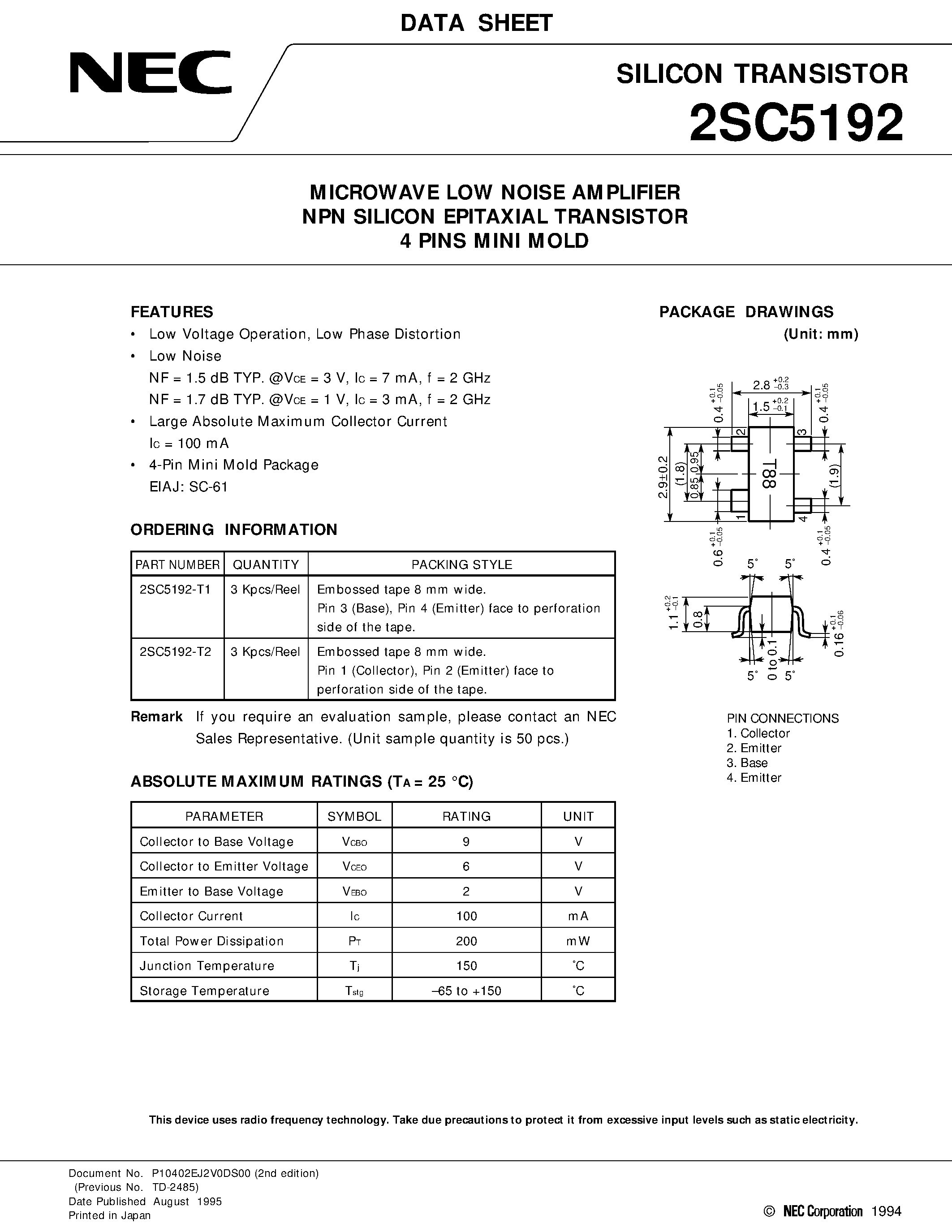 Datasheet 2SC5192-T1 - MICROWAVE LOW NOISE AMPLIFIER NPN SILICON EPITAXIAL TRANSISTOR 4 PINS MINI MOLD page 1