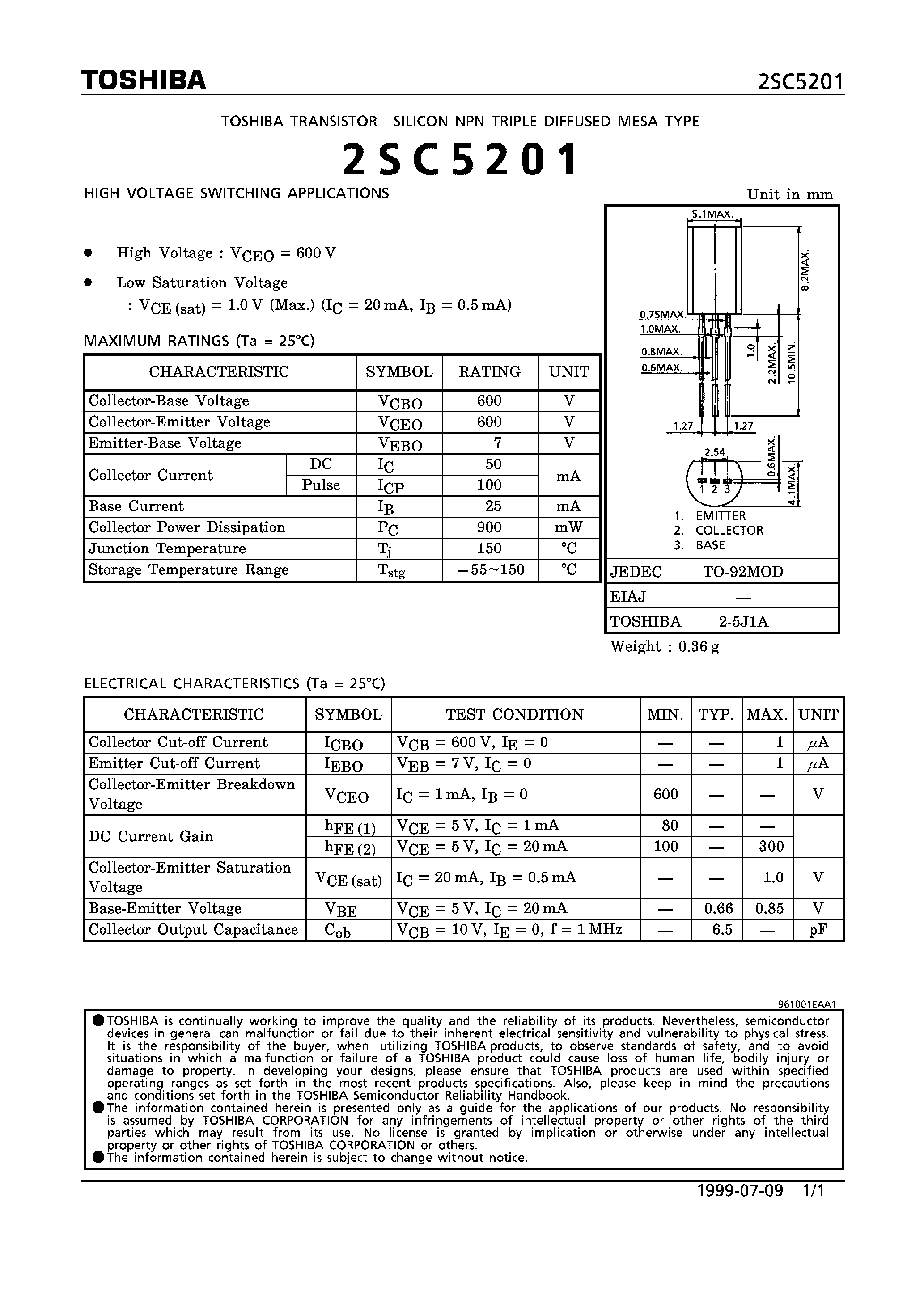 Даташит на микросхему 2SC5201 страница 1 Даташит 2SC5201 - NPN TRIPLE DIFFUSED MESA TYPE (HIGH VOLTAGE SWITCHING APPLICATIONS) страница 1