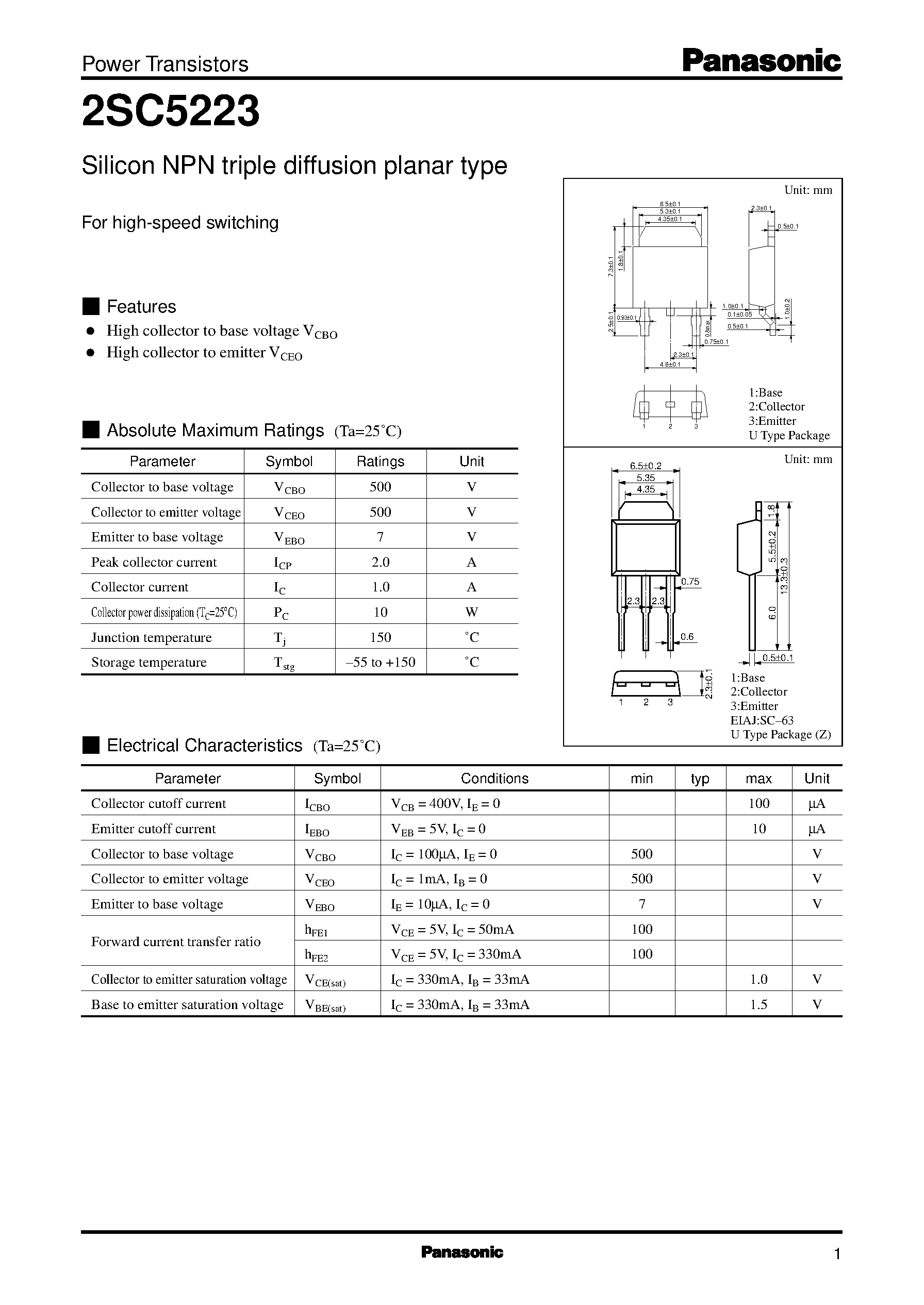 Даташит на микросхему 2SC5223 страница 1 Даташит 2SC5223 - Silicon NPN triple diffusion planar type(For high-speed switching) страница 1
