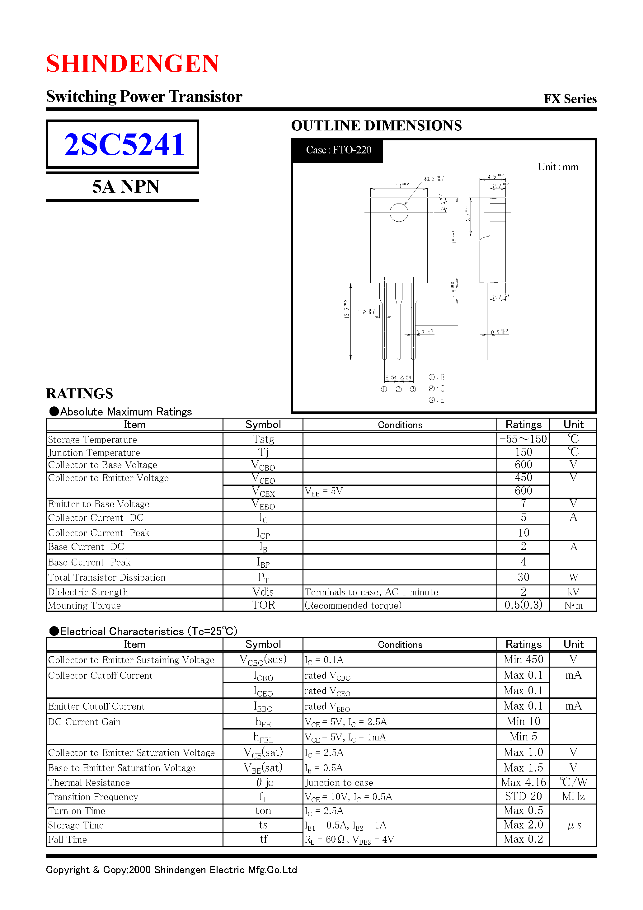 Даташит на микросхему 2SC5241 страница 1 Даташит 2SC5241 - Switching Power Transistor(5A NPN) страница 1