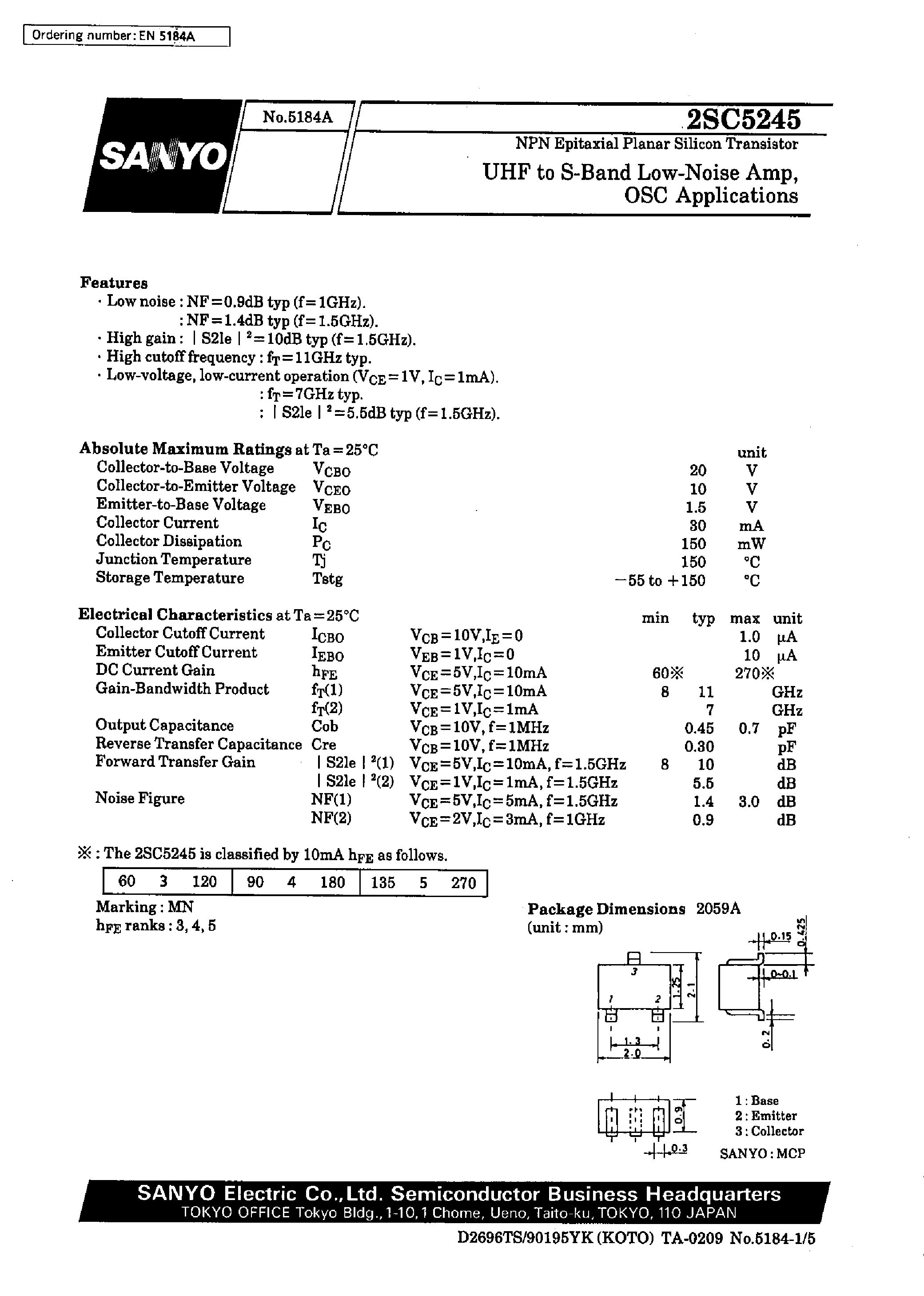 Datasheet 2SC5245 - UHF to S-Band Low-Noise Amp/ OSC Applications page 1