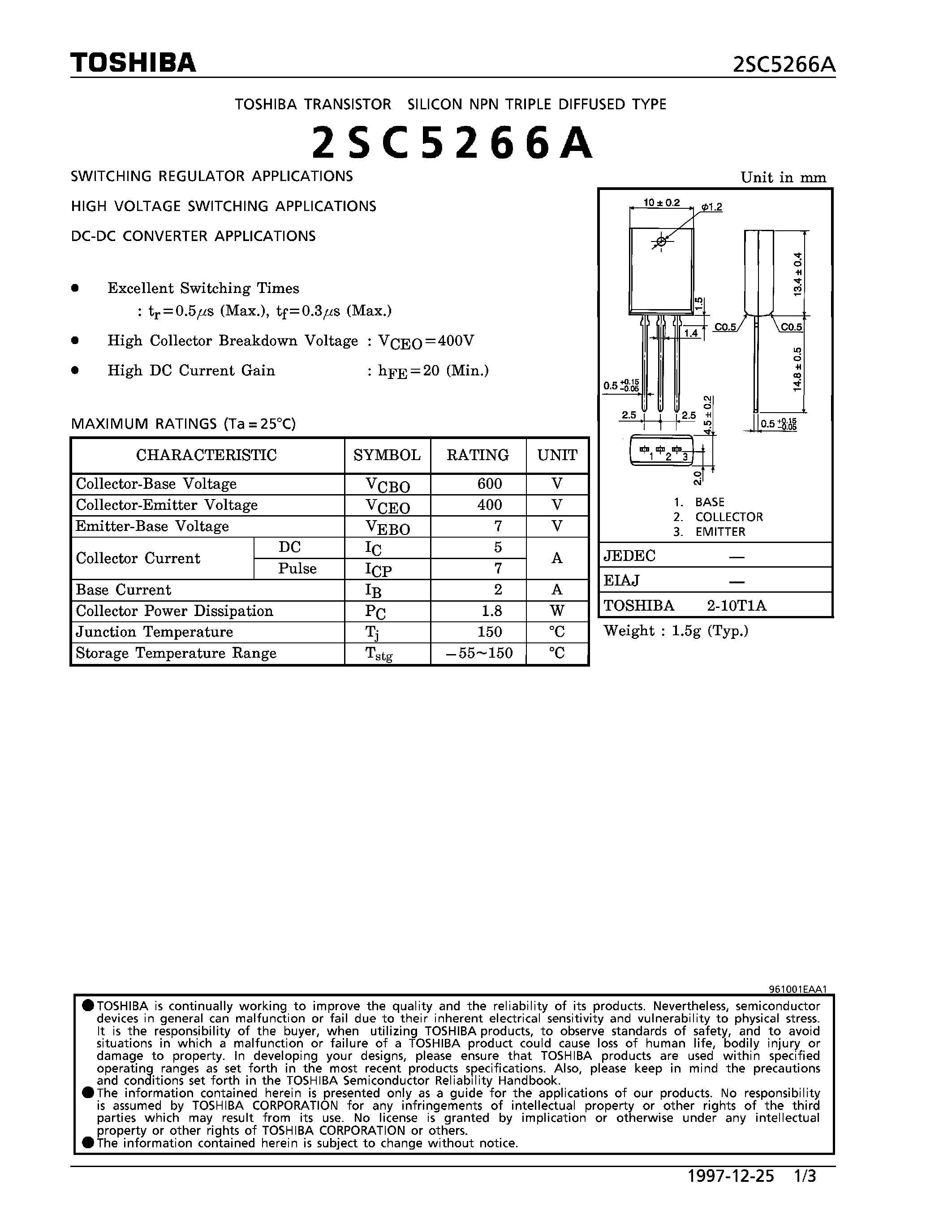 Даташит на микросхему 2SC5266A страница 1 Даташит 2SC5266A - NPN TRIPLE DIFFUSED TYPE (SWITCHING REGULATOR/ HIGH VOLTAGE SWITCHING/ DC-DC CONVERTER APPLICATIONS) страница 1