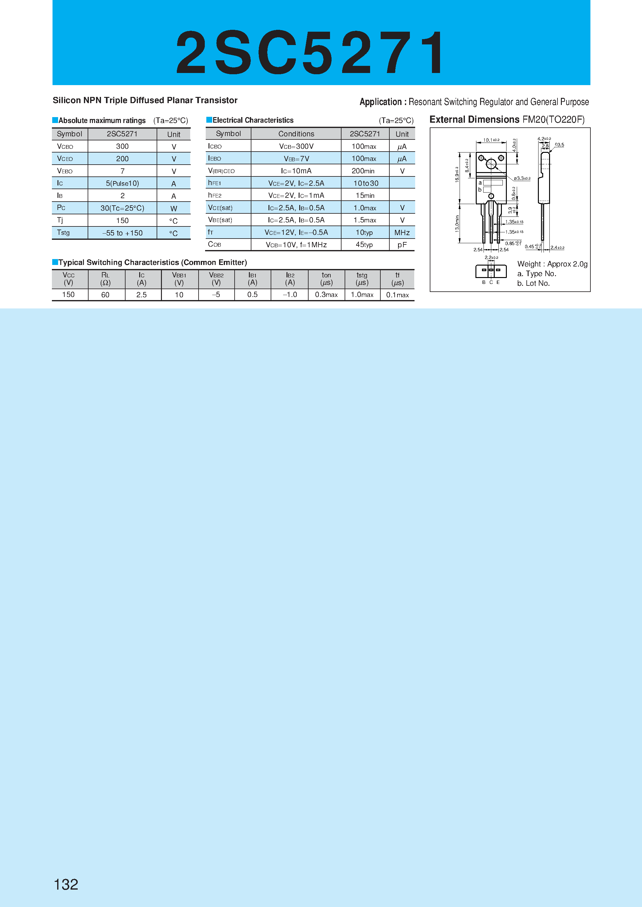 Даташит 2SC5271 - Silicon NPN Triple Diffused Planar Transistor(Resonant Switching Regulator and General Purpose) страница 1