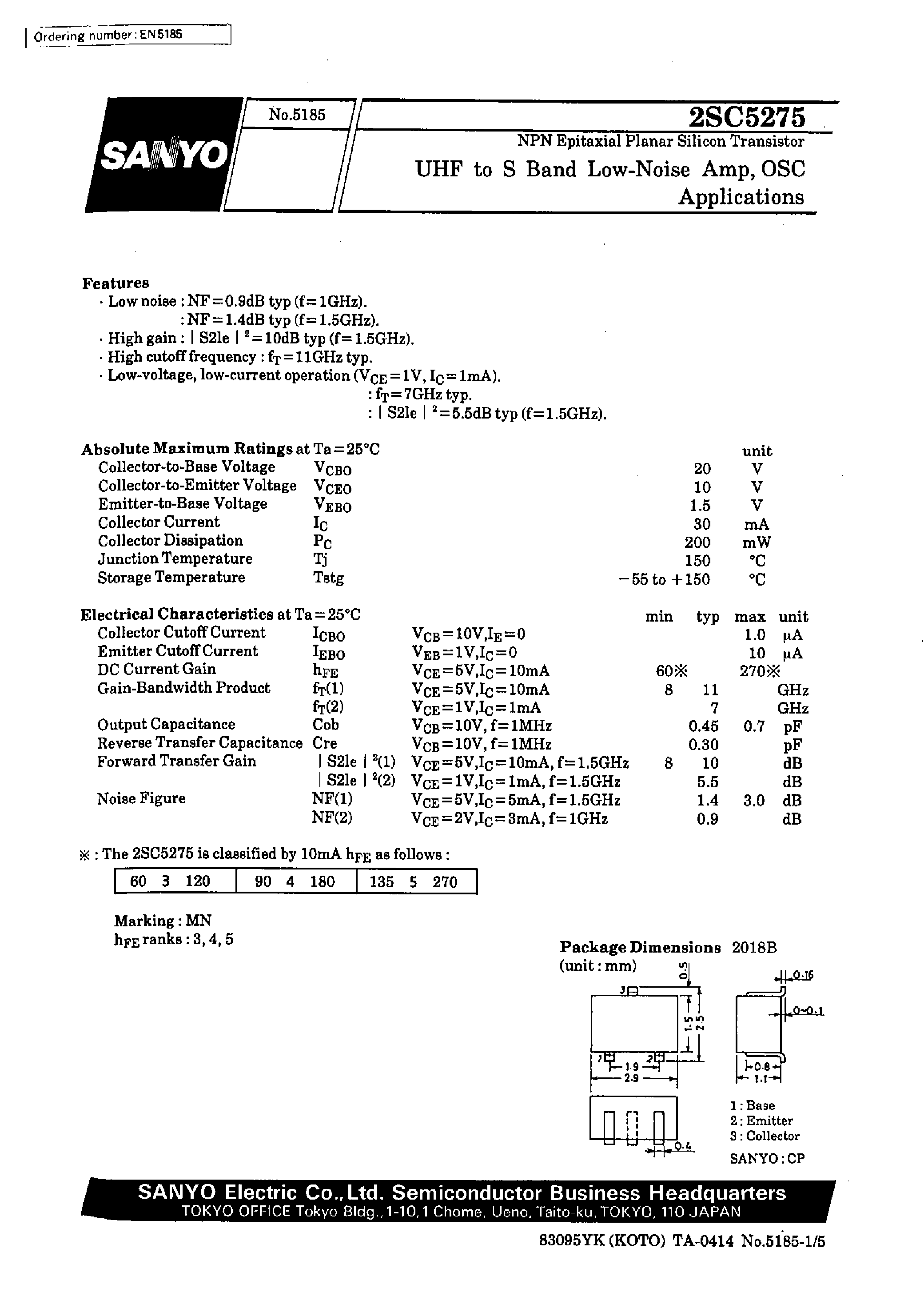 Datasheet 2SC5275 - UHF to S Band Low-Noise Amp/ OSC Applications page 1
