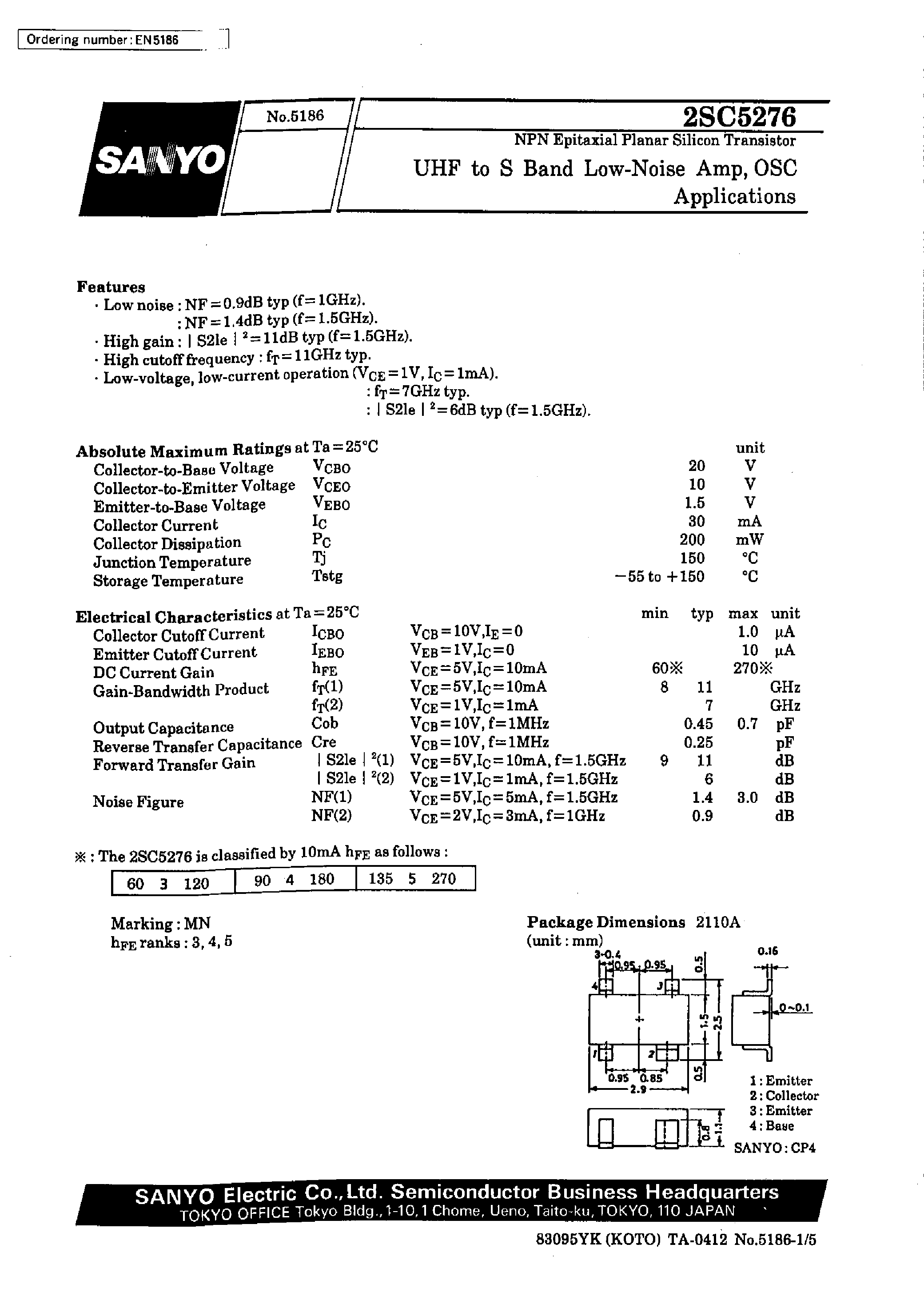 Datasheet 2SC5276 - UHF to S Band Low-Noise Amp/ OSC Applications page 1