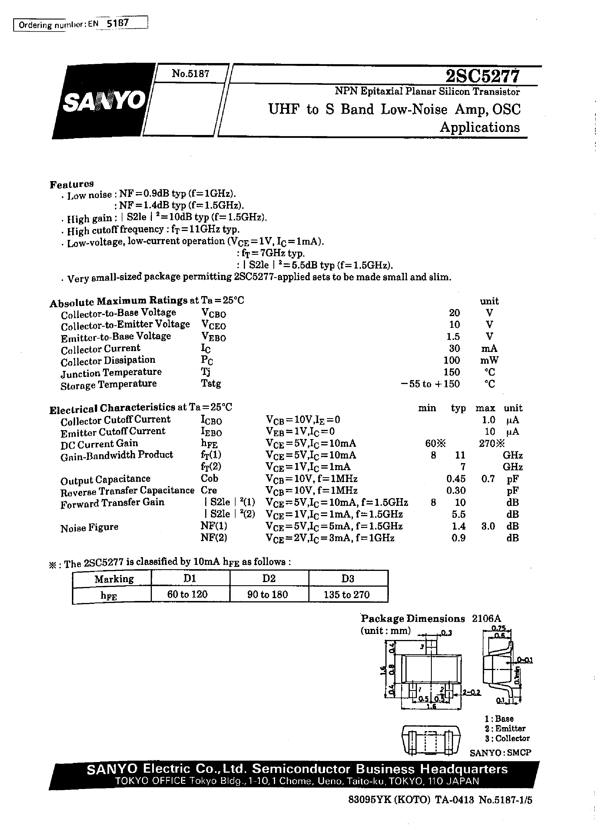 Datasheet 2SC5277 - UHF to S Band Low-Noise Amp/ OSC Applications page 1