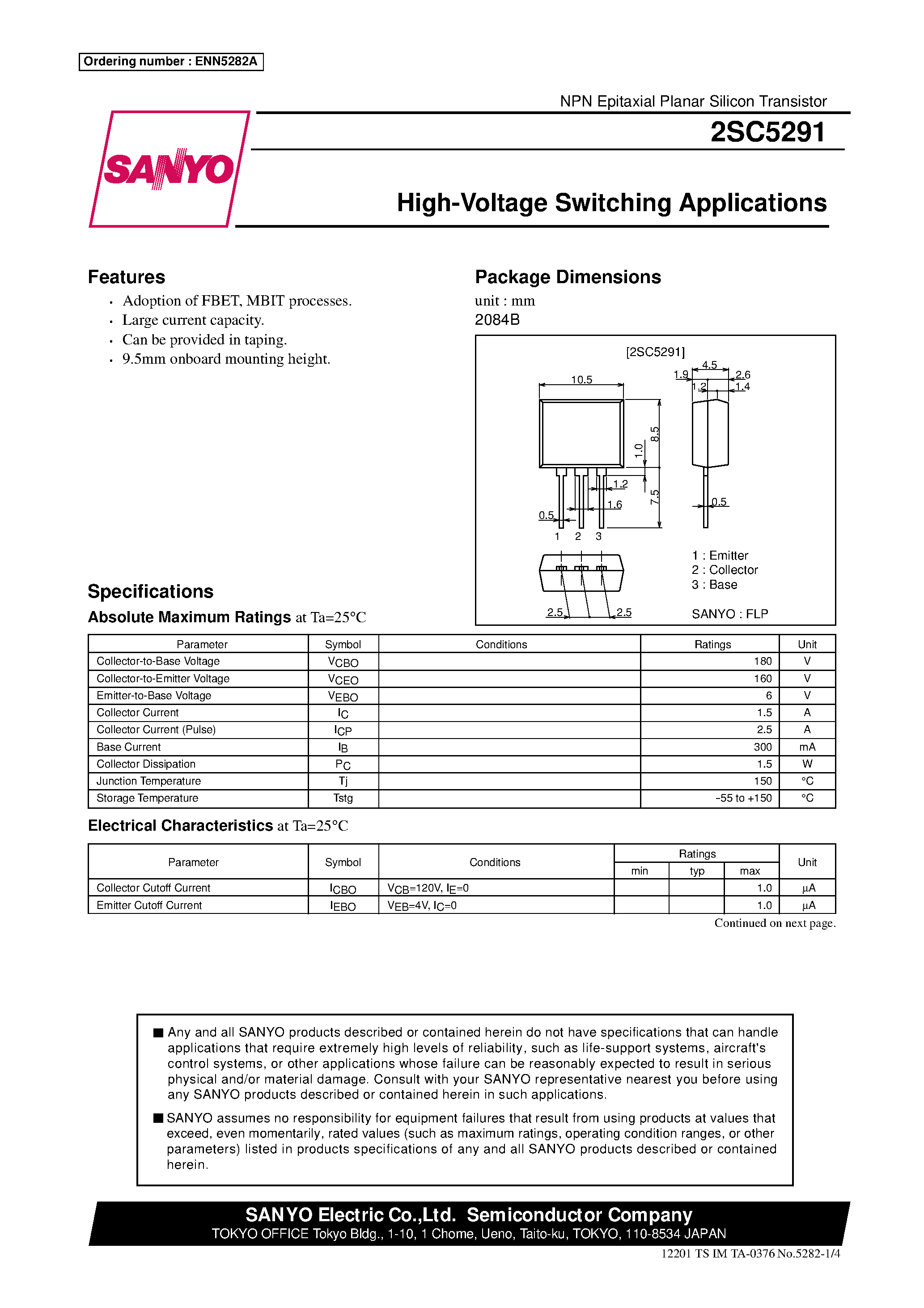 Даташит 2SC5291 - High-Voltage Switching Applications страница 1