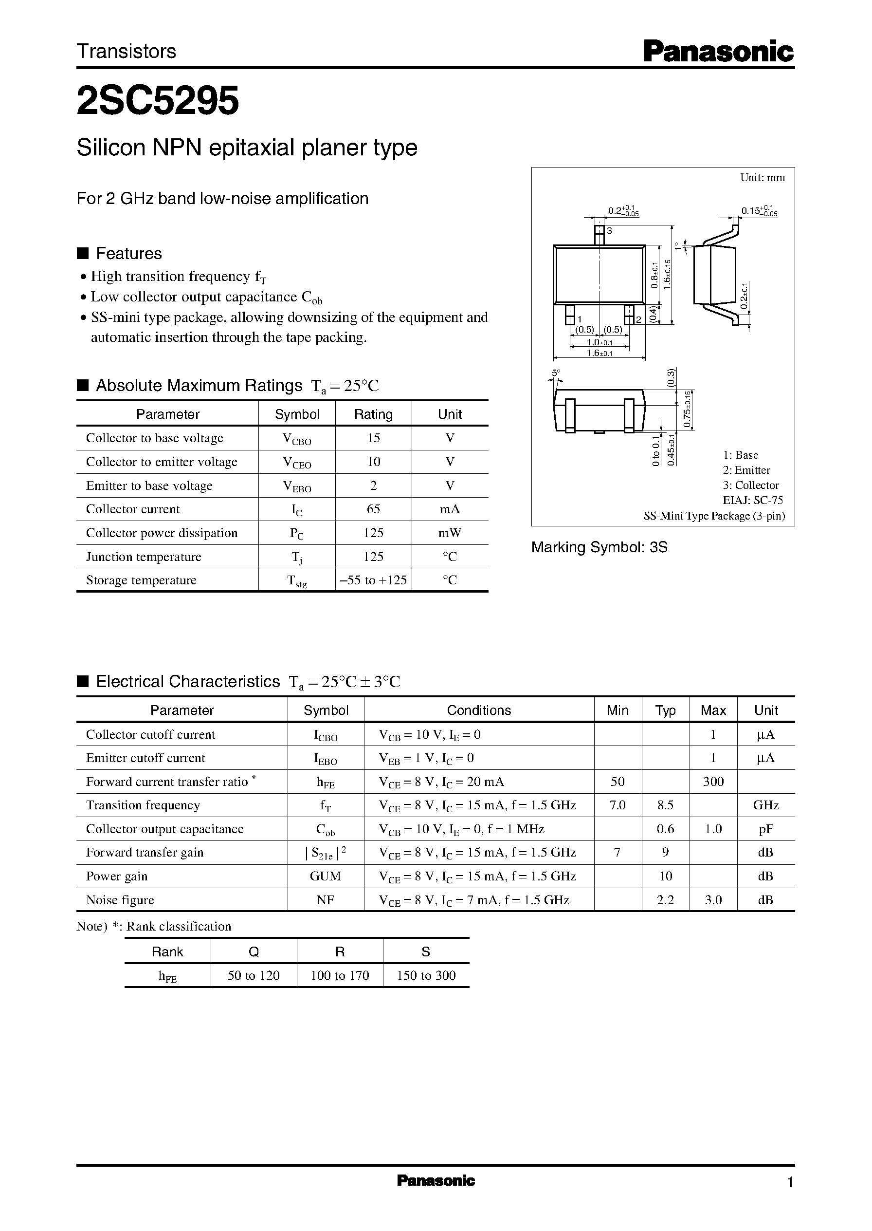 Datasheet 2SC5295 - Silicon NPN epitaxial planer type(For 2 GHz band low-noise amplification) page 1