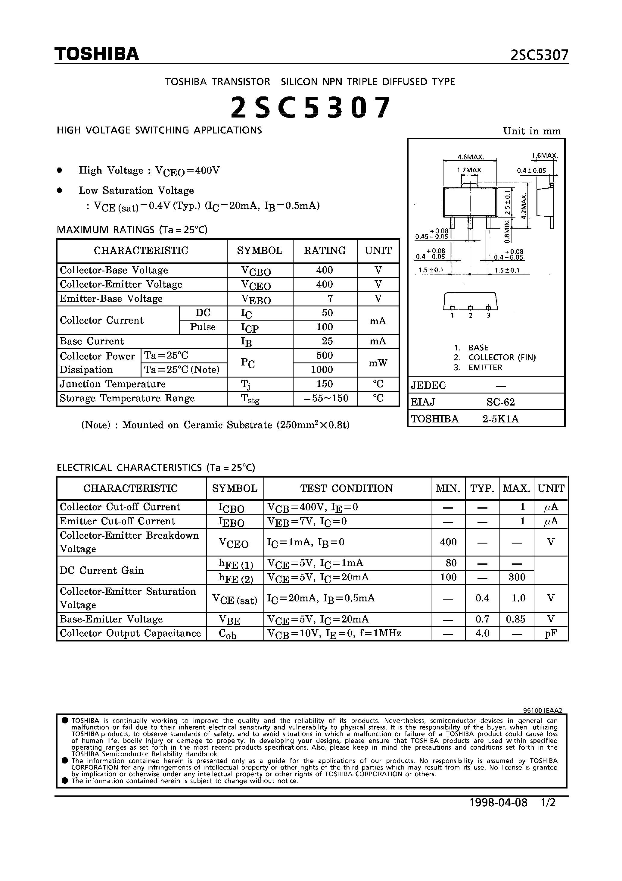 Даташит 2SC5307 - NPN TRIPLE DIFFUSED TYPE (HIGH VOLTAGE SWITCHING APPLICATIONS) страница 1