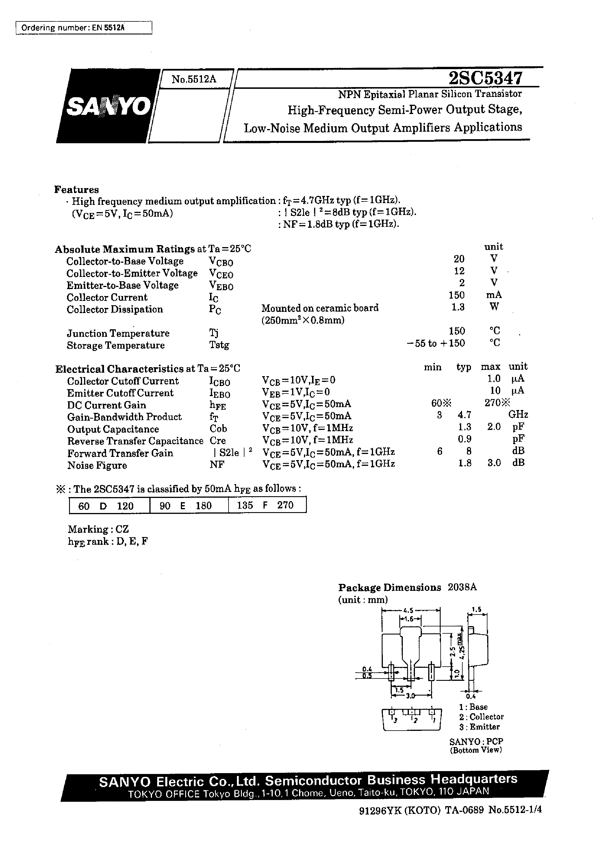 Datasheet 2SC5347 - High-Frequency Semi-Power Output Stage/ Low-Noise Medium Output Amplifiers Applications page 1