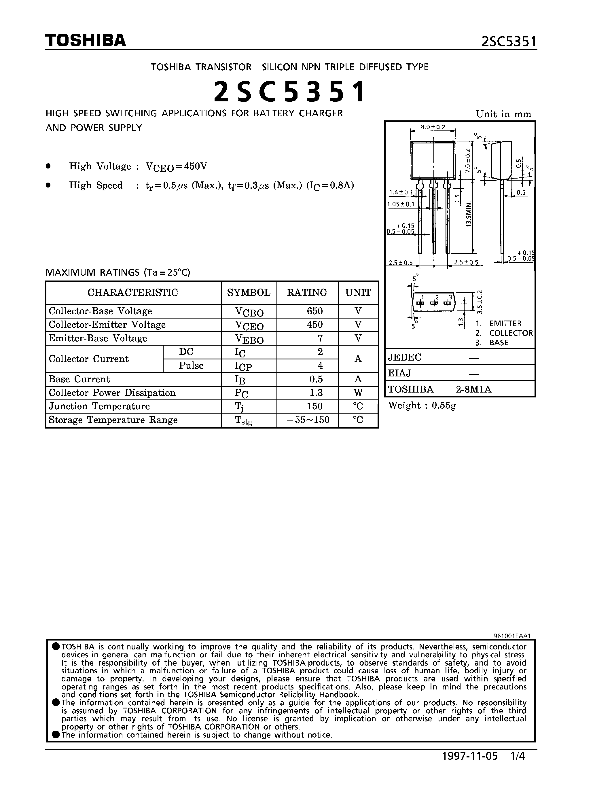 Datasheet 2SC5351 - NPN TRIPLE DIFFUSED TYPE (HIGH SPEED SWITCHING APPLICATIONS FOR BATTERY CHARGER AND POWER SUPPLY) page 1