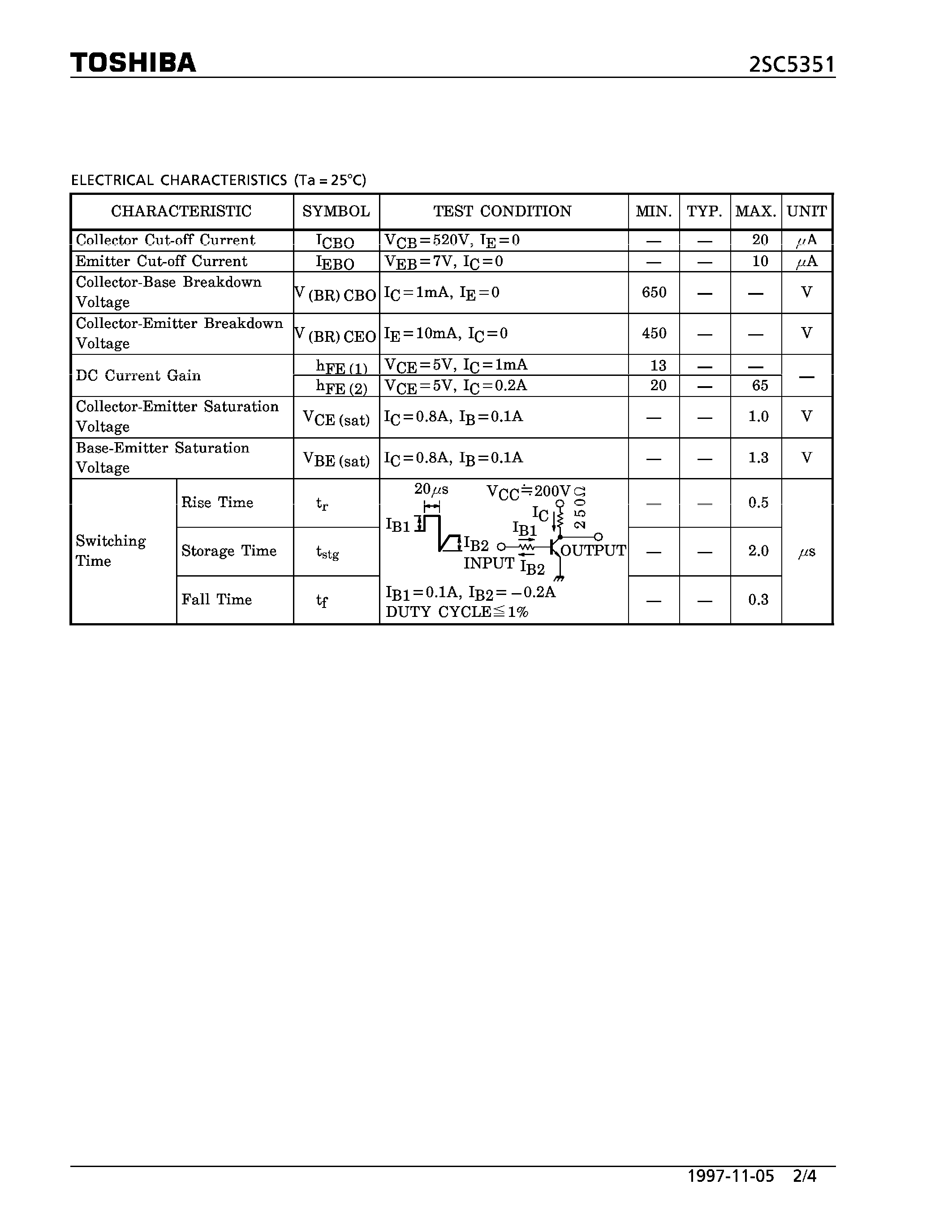 Datasheet 2SC5351 - NPN TRIPLE DIFFUSED TYPE (HIGH SPEED SWITCHING APPLICATIONS FOR BATTERY CHARGER AND POWER SUPPLY) page 2
