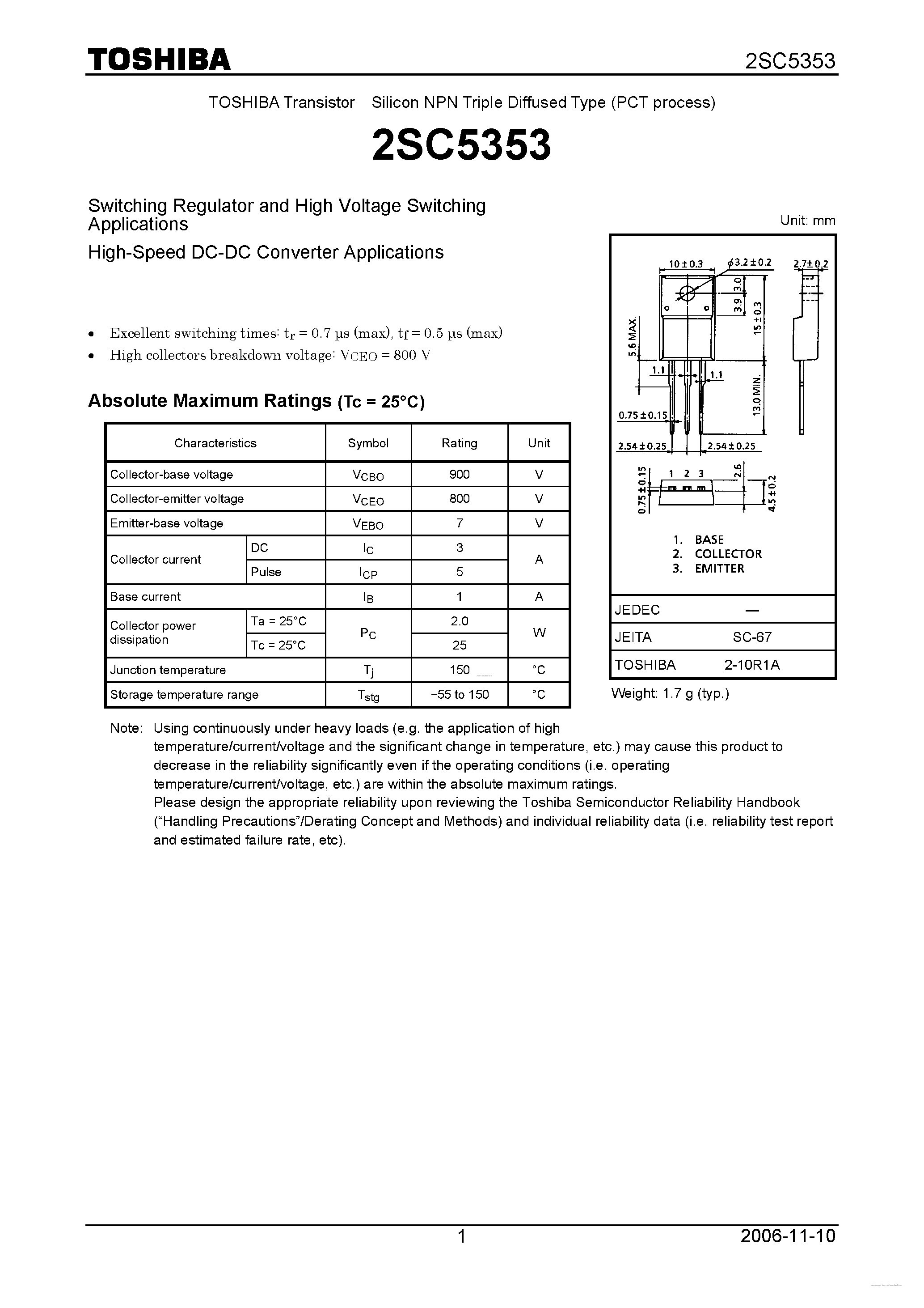 Даташит на микросхему 2SC5353 страница 1 Даташит 2SC5353 - NPN TRIPLE DIFFUSED TYPE (SWITCHING REGULATOR AND HIGH VOLTAGE SWITCHING/ HIGH SPEED DC-DC CONVERTER APPLICATIONS) страница 1