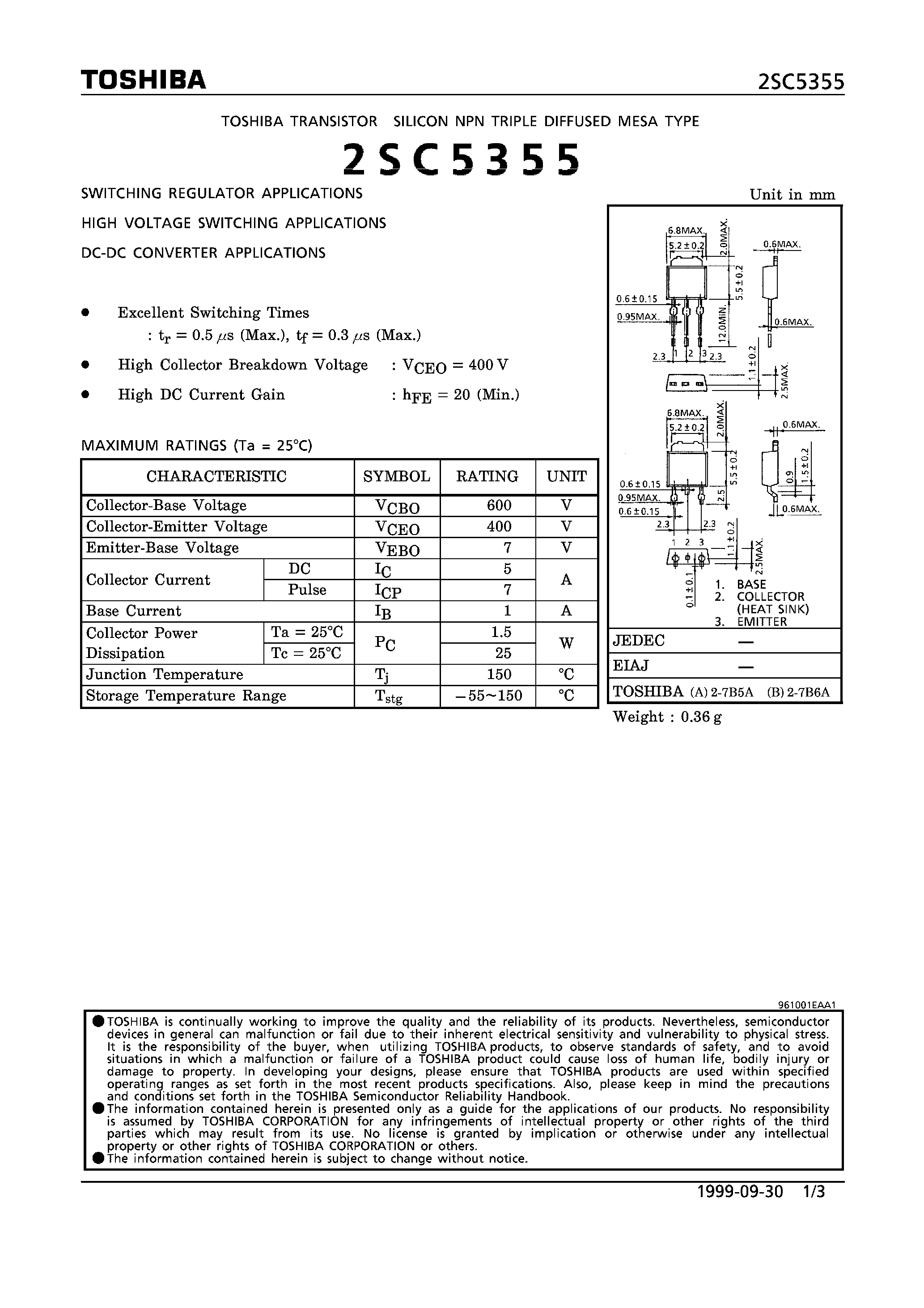 Даташит на микросхему 2SC5355 страница 1 Даташит 2SC5355 - NPN TRIPLE DIFFUSED MESA TYPE (SWITCHING REGULATOR/ HIGH VOLTAGE SWITCHING/ DC-DC CONVERTER APPLICATIONS) страница 1