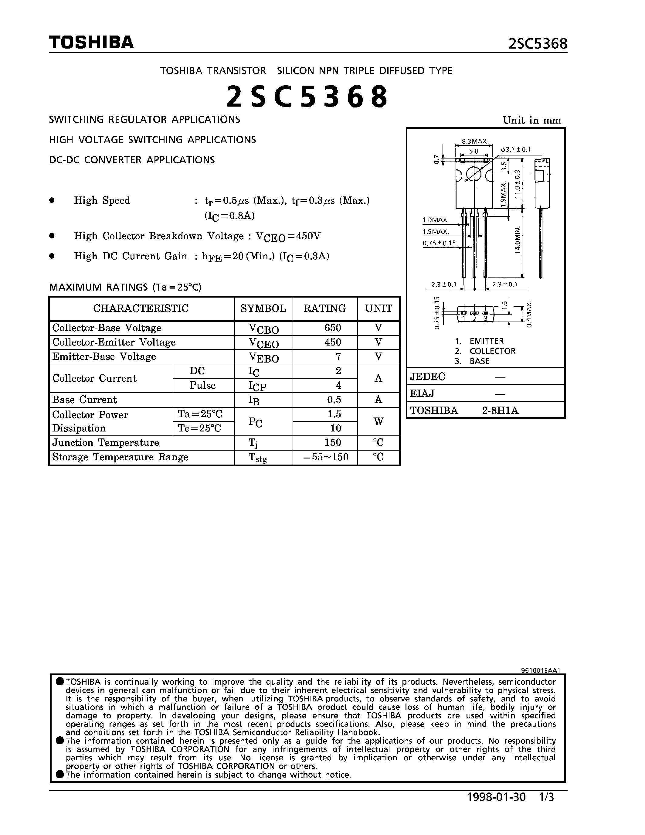 Даташит на микросхему 2SC5368 страница 1 Даташит 2SC5368 - NPN TRIPLE DIFFUSED TYPE (SWITCHING REGULATOR/ HIGH VOLTAGE SWITCHING/ DC-DC CONVERTER APPLICATIONS) страница 1