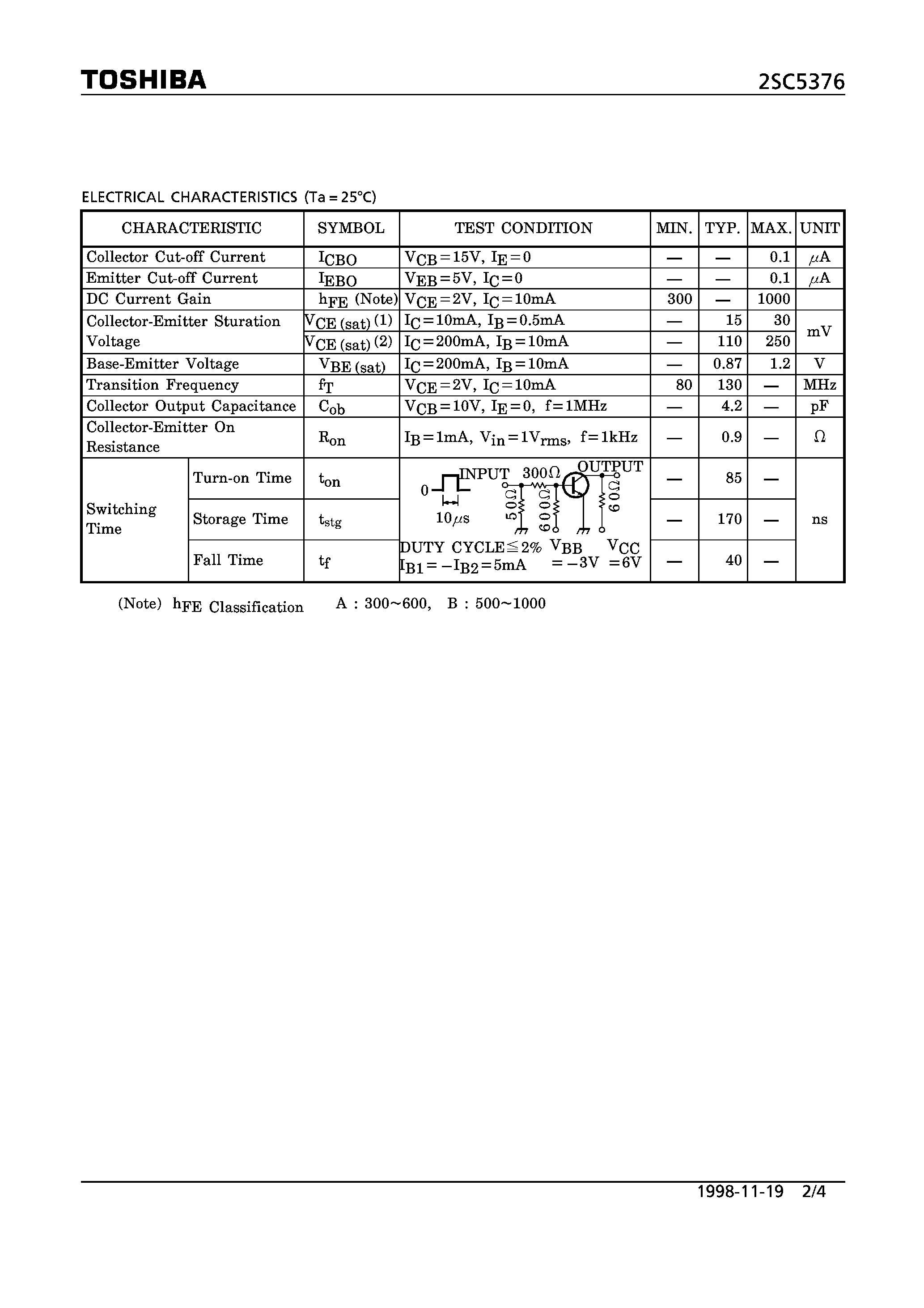 Даташит на микросхему 2SC5376 страница 2 Даташит 2SC5376 - NPN EPITAXIAL TYPE (AUDIO FREQUENCY GENERAL PURPOSE AMPLIFIER/ FOR MUTING AND SWITCHING APPLICATIONS) страница 2
