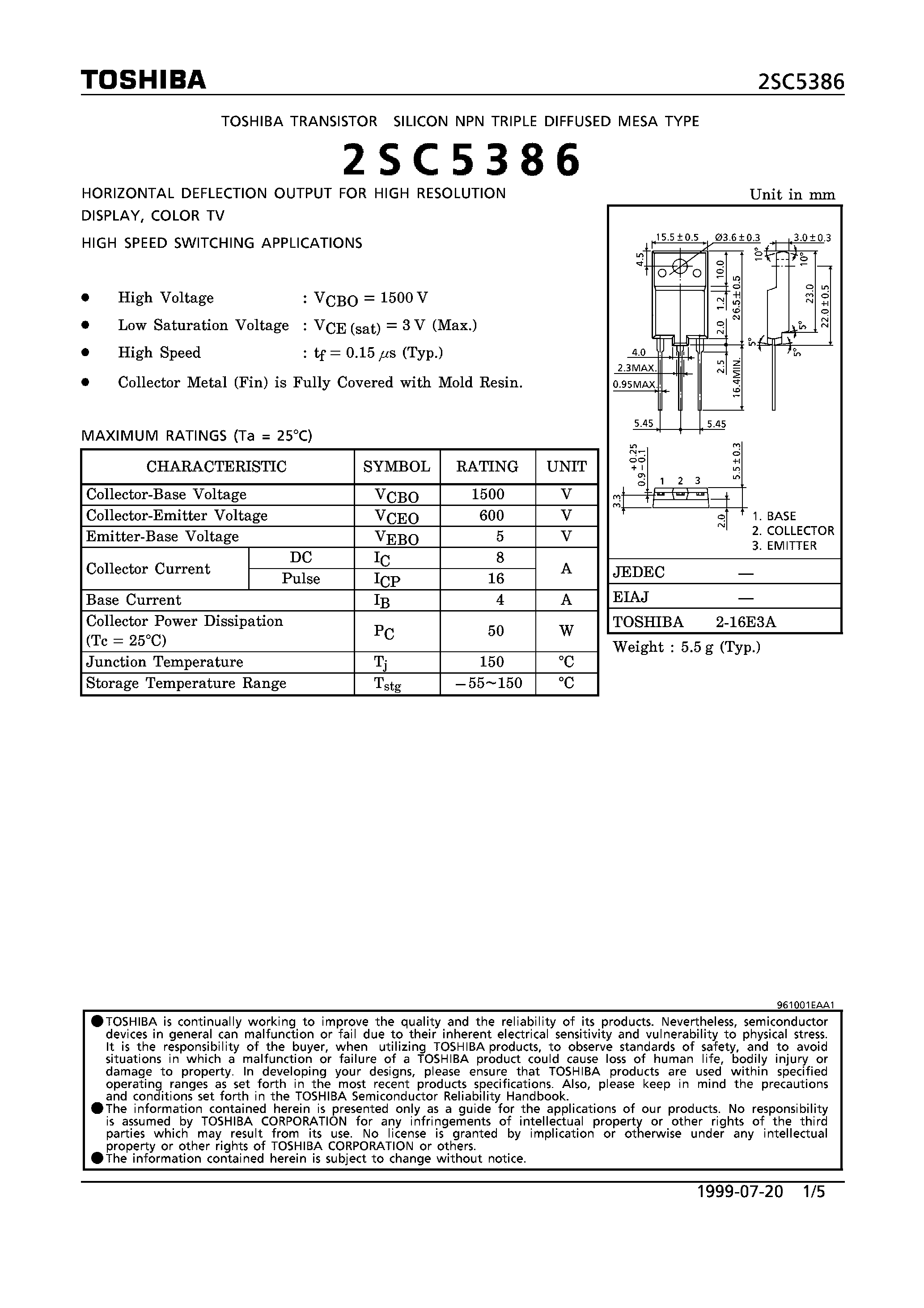 Даташит на микросхему 2SC5386 страница 1 Даташит 2SC5386 - NPN TRIPLE DIFFUSED MESA TYPE (HORIZONTAL DEFLECTION OUTPUT FOR MEDIUM RESOLUTION DISPLAY/ COLOR TV. HIGH SPEED SWITCHING APPLICATIONS) страница 1