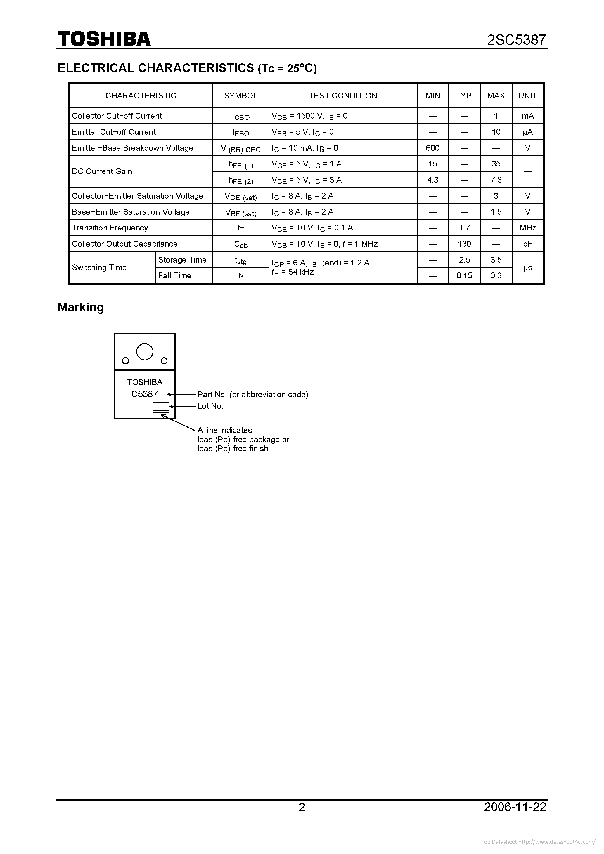 Даташит на микросхему 2SC5387 страница 2 Даташит 2SC5387 - NPN TRIPLE DIFFUSED MESA TYPE (HORIZONTAL DEFLECTION OUTPUT FOR MEDIUM RESOLUTION DISPLAY/ COLOR TV. HIGH SPEED SWITCHING APPLICATIONS) страница 2