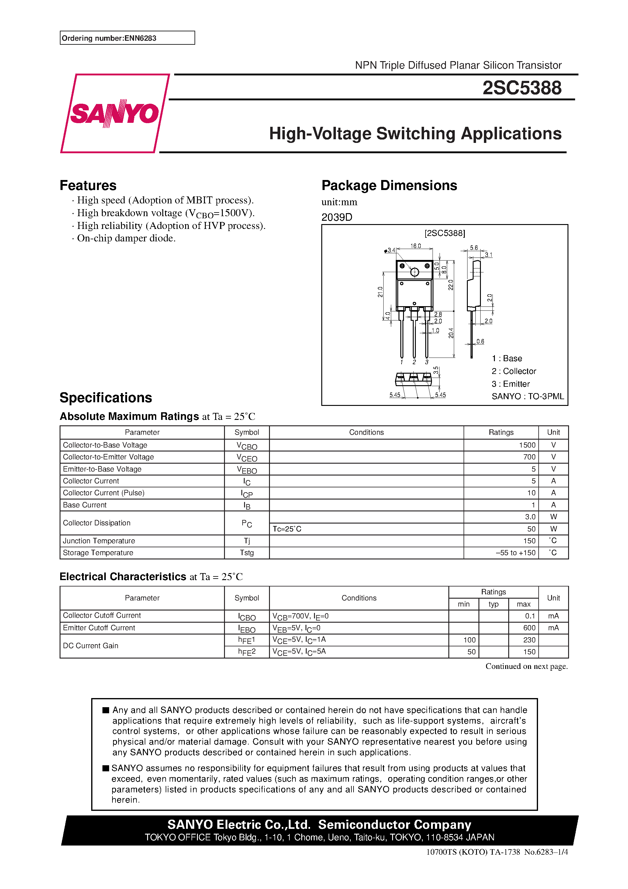 Даташит на микросхему 2SC5388 страница 1 Даташит 2SC5388 - High-Voltage Switching Applications страница 1