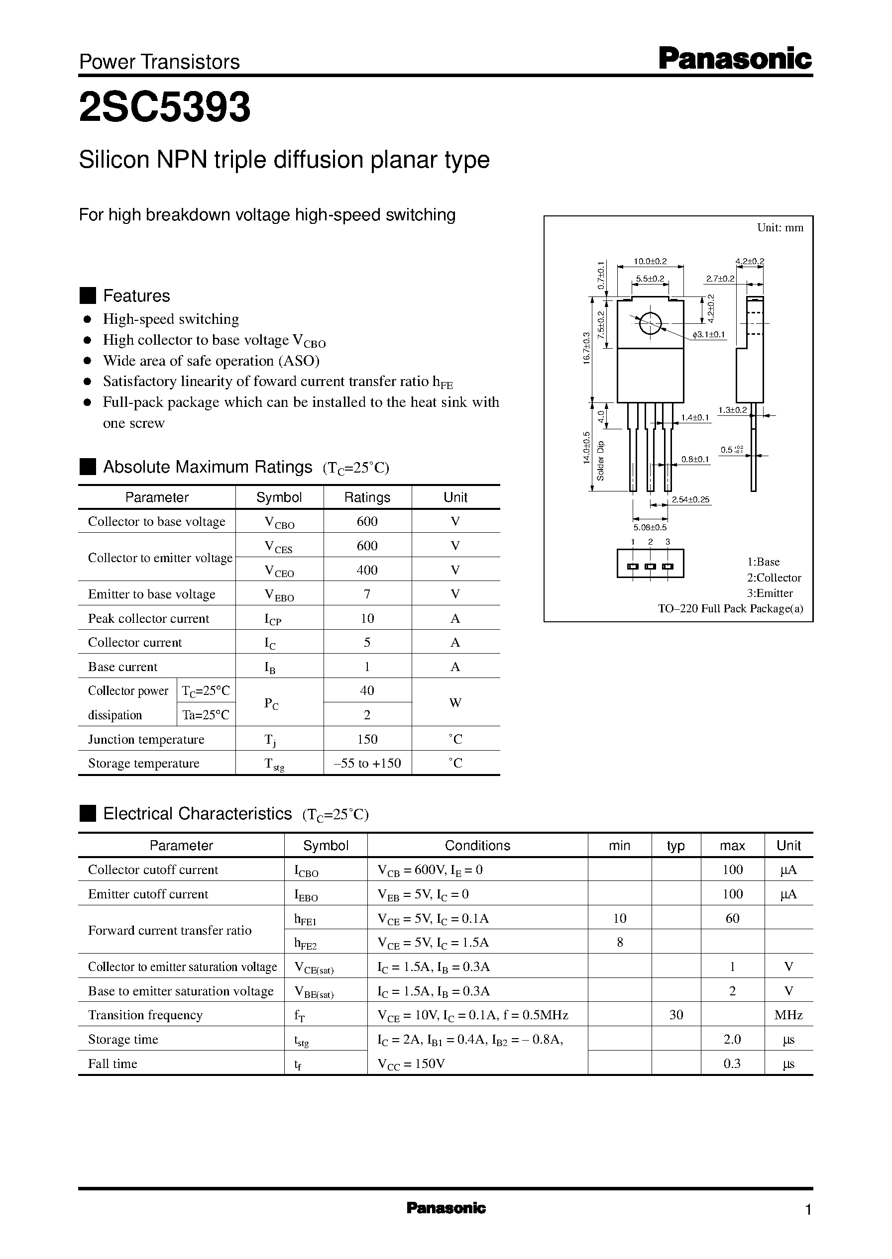 Даташит на микросхему 2SC5393 страница 1 Даташит 2SC5393 - Silicon NPN triple diffusion planar type(For high breakdown voltage high-speed switching) страница 1