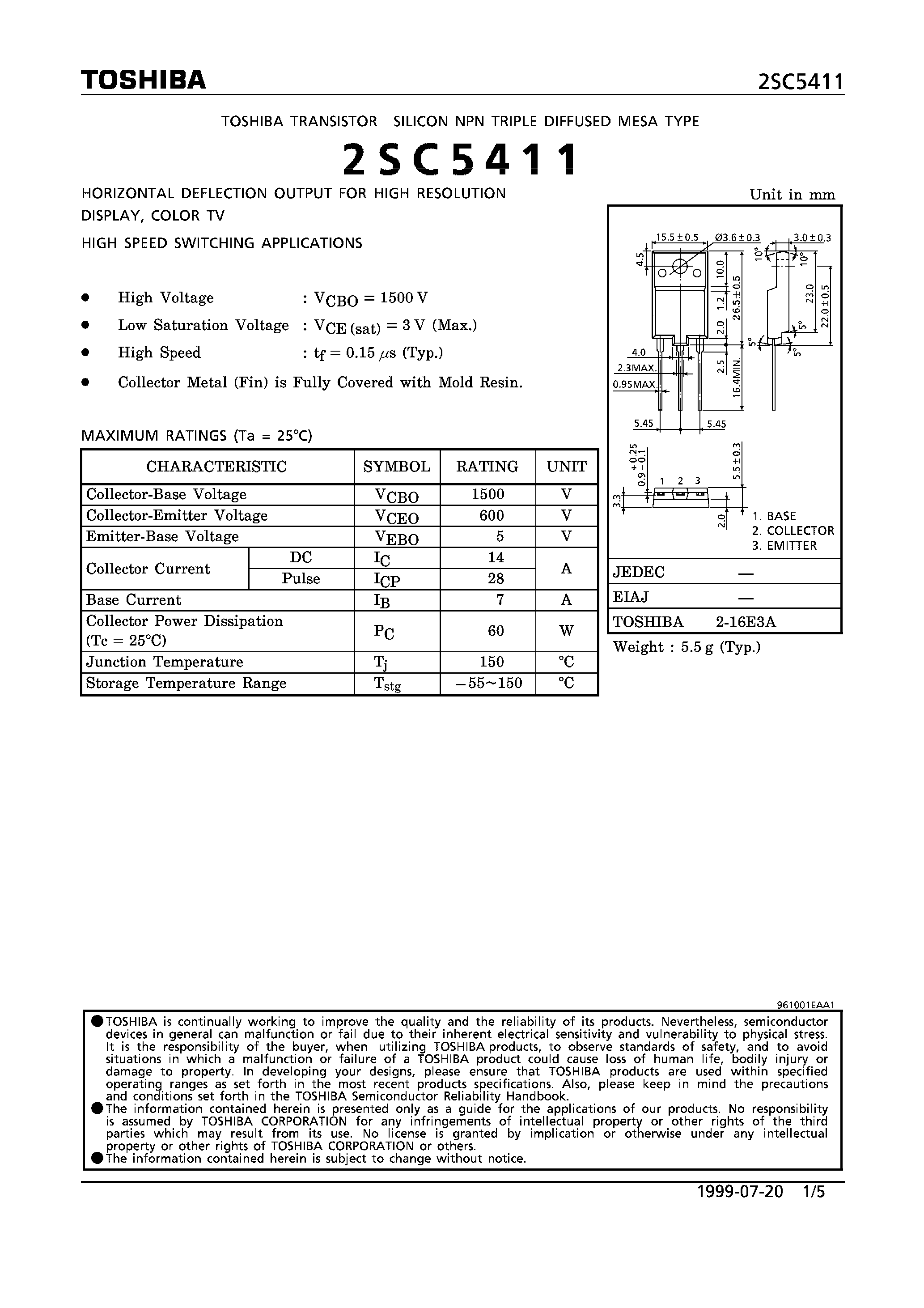Даташит на микросхему 2SC5411 страница 1 Даташит 2SC5411 - NPN TRIPLE DIFFUSED MESA TYPE (HORIZONTAL DEFLECTION OUTPUT FOR MEDIUM RESOLUTION DISPLAY/ COLOR TV. HIGH SPEED SWITCHING APPLICATIONS) страница 1