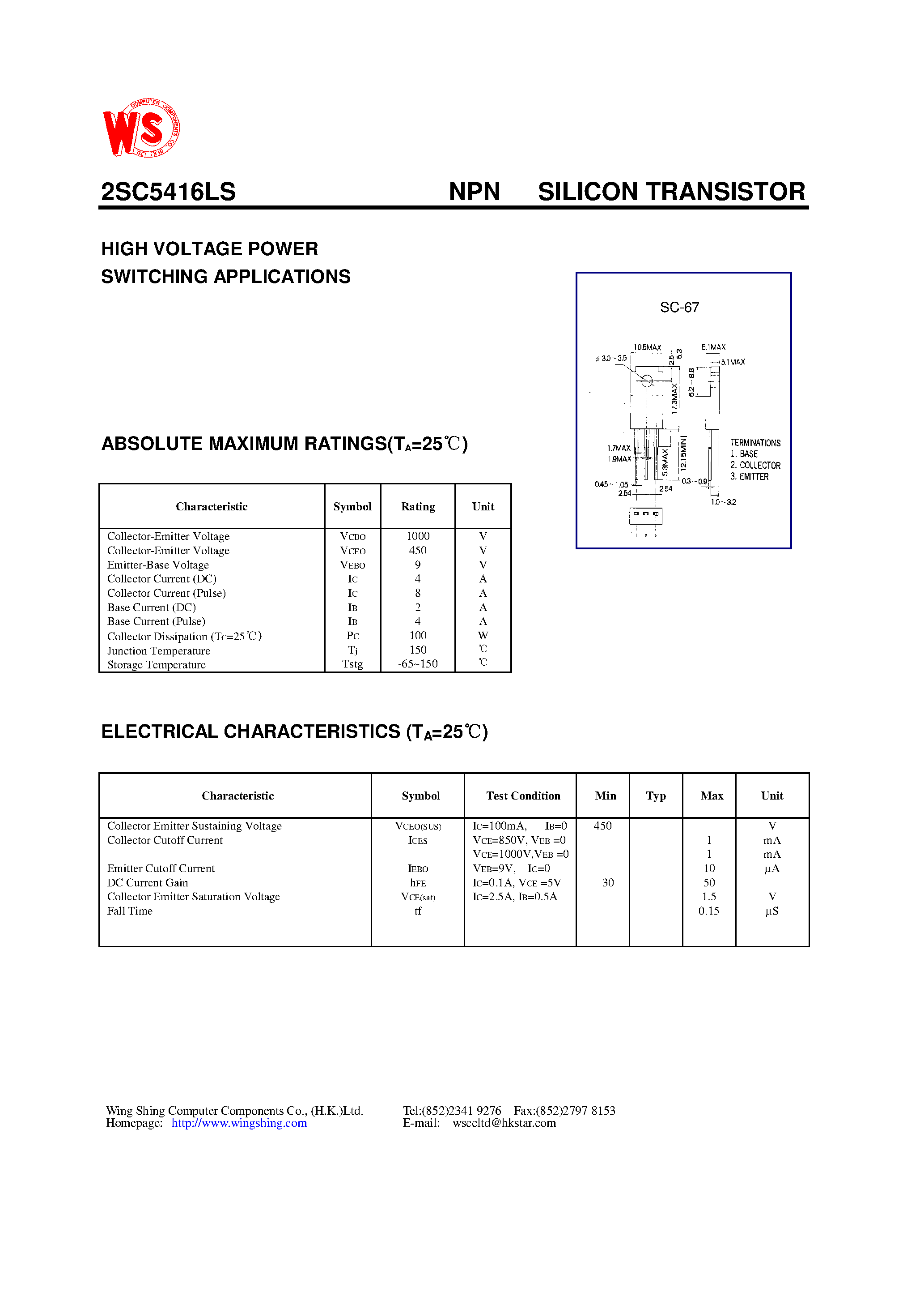 Даташит на микросхему 2SC5416LS страница 1 Даташит 2SC5416LS - NPN SILICON TRANSISTOR(HIGH VOLTAGE POWER SWITCHING APPLICATIONS) страница 1