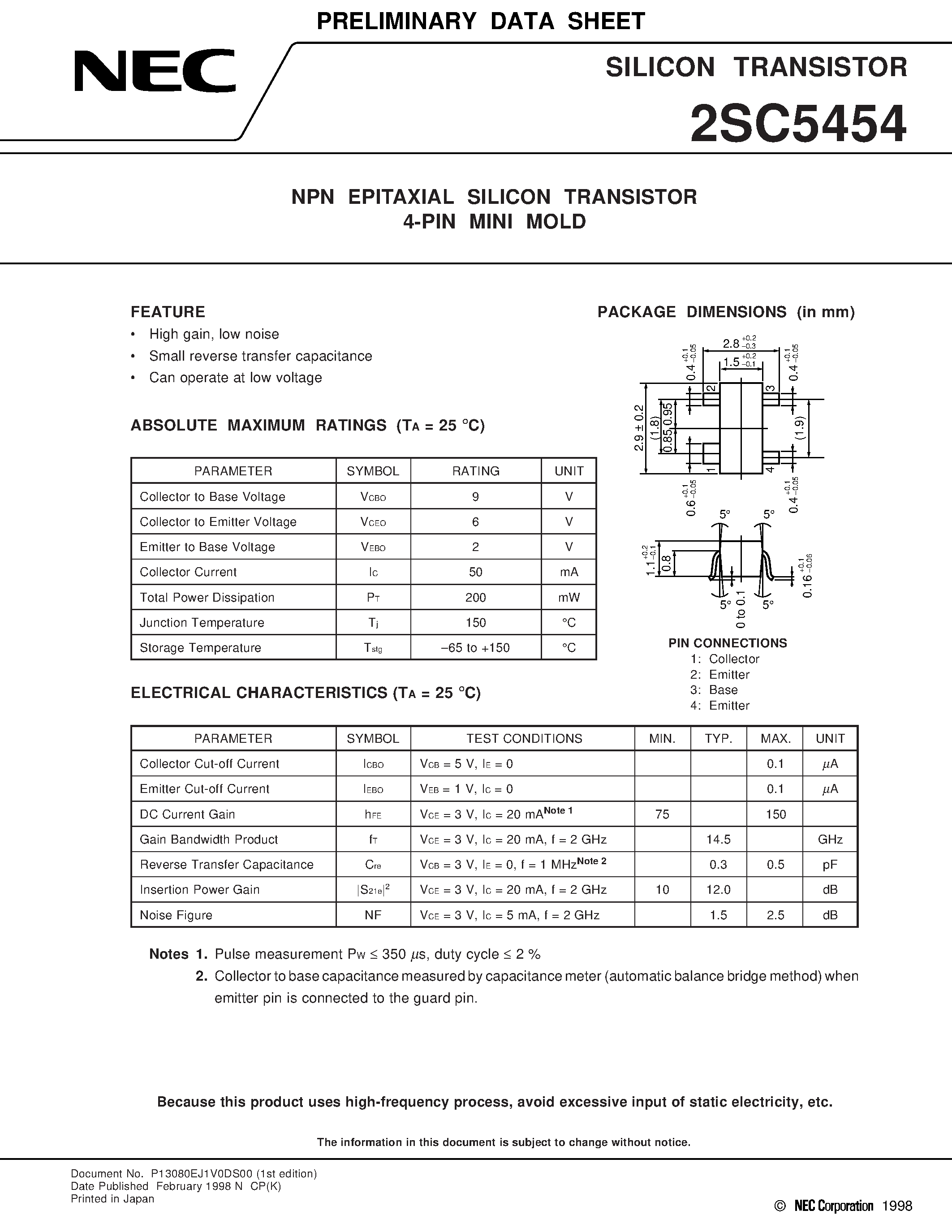 Datasheet 2SC5454 - NPN EPITAXIAL SILICON TRANSISTOR 4-PIN MINI MOLD page 1