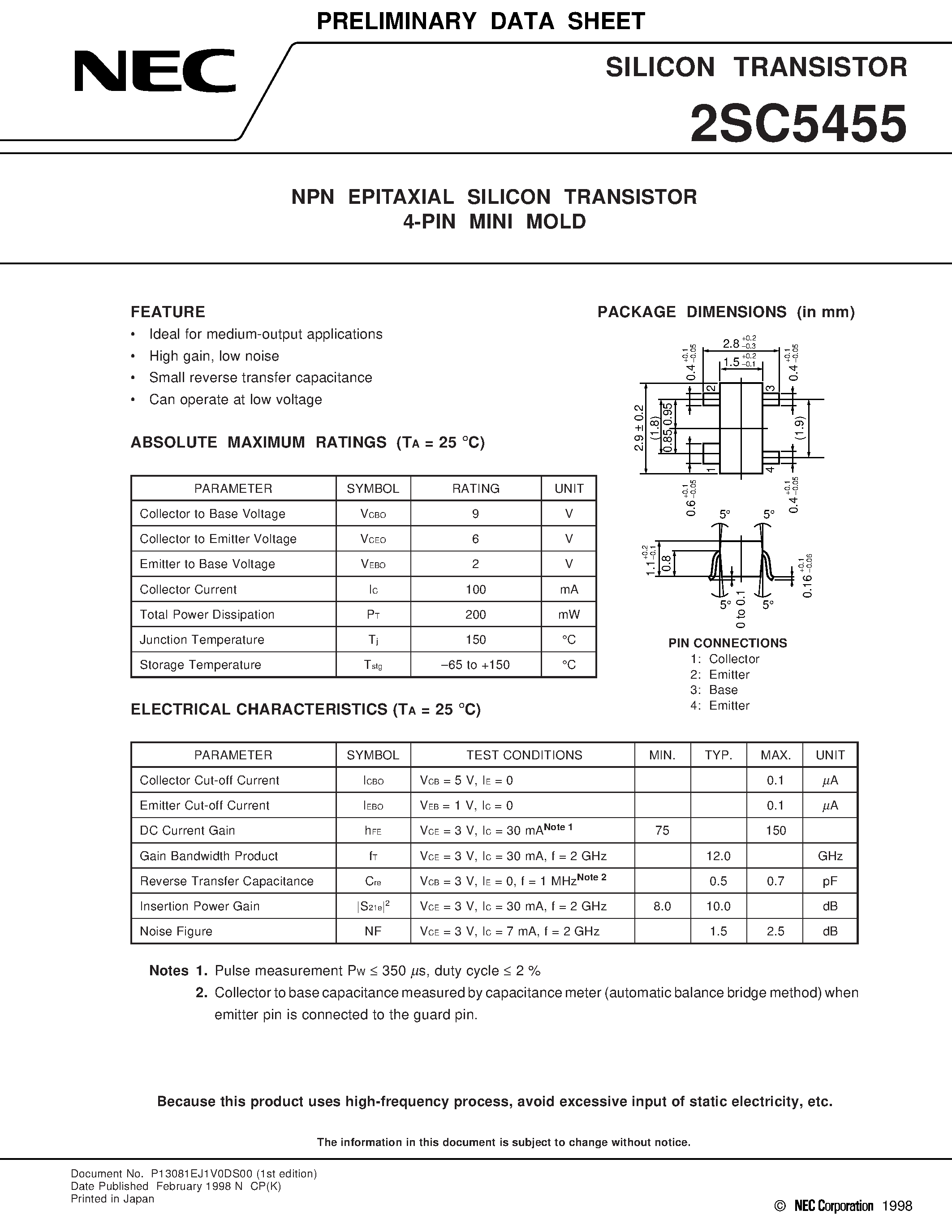 Datasheet 2SC5455 - NPN EPITAXIAL SILICON TRANSISTOR 4-PIN MINI MOLD page 1