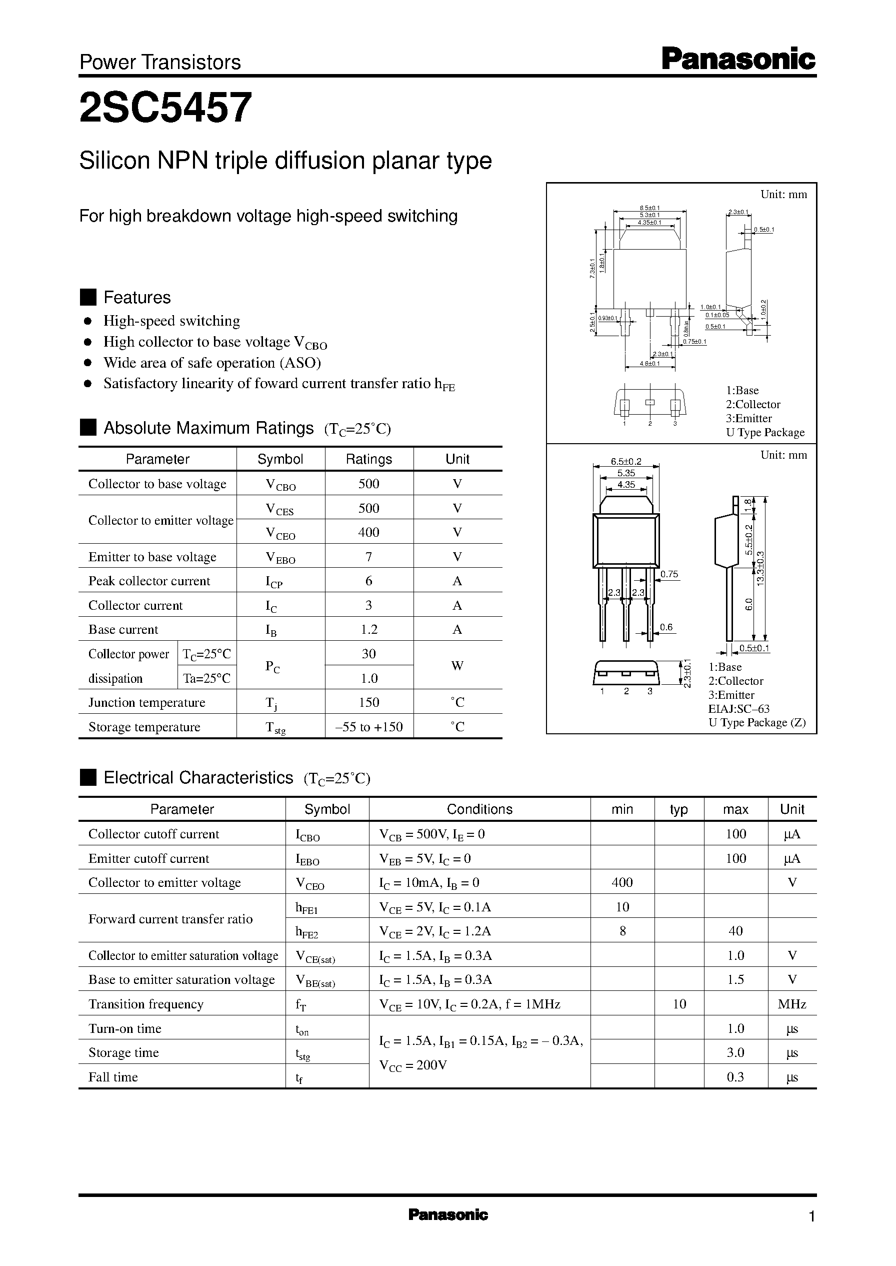 Даташит на микросхему 2SC5457 страница 1 Даташит 2SC5457 - Silicon NPN triple diffusion planar type(For high breakdown voltage high-speed switching) страница 1