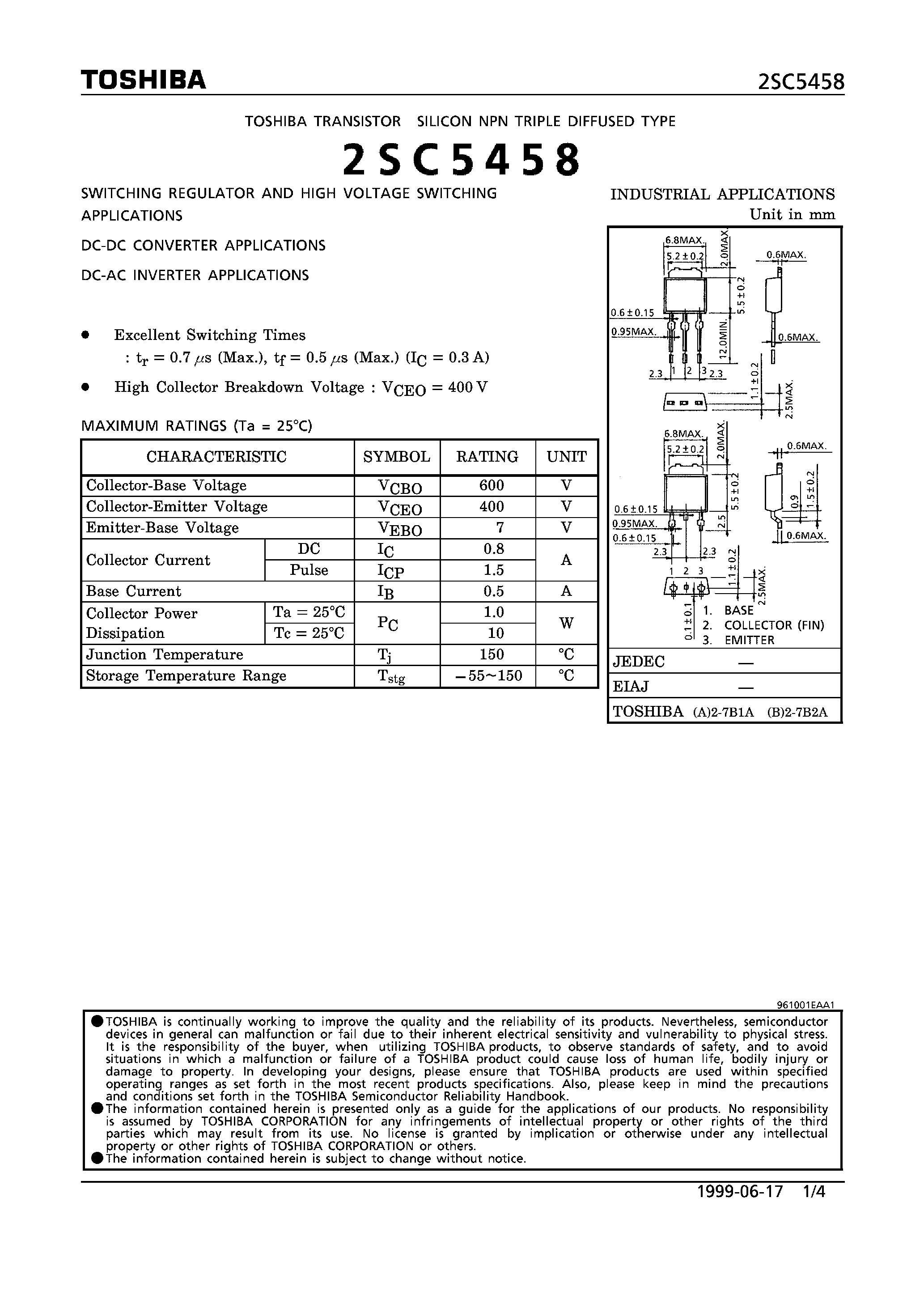 Даташит на микросхему 2SC5458 страница 1 Даташит 2SC5458 - NPN TRIPLE DIFFUSED TYPE (SWITCHING REGULATOR AND HIGH VOLTAGE SWITCHING/ DC-DC CONVERTER/ DC-AC INVERTER APPLICATIONS) страница 1