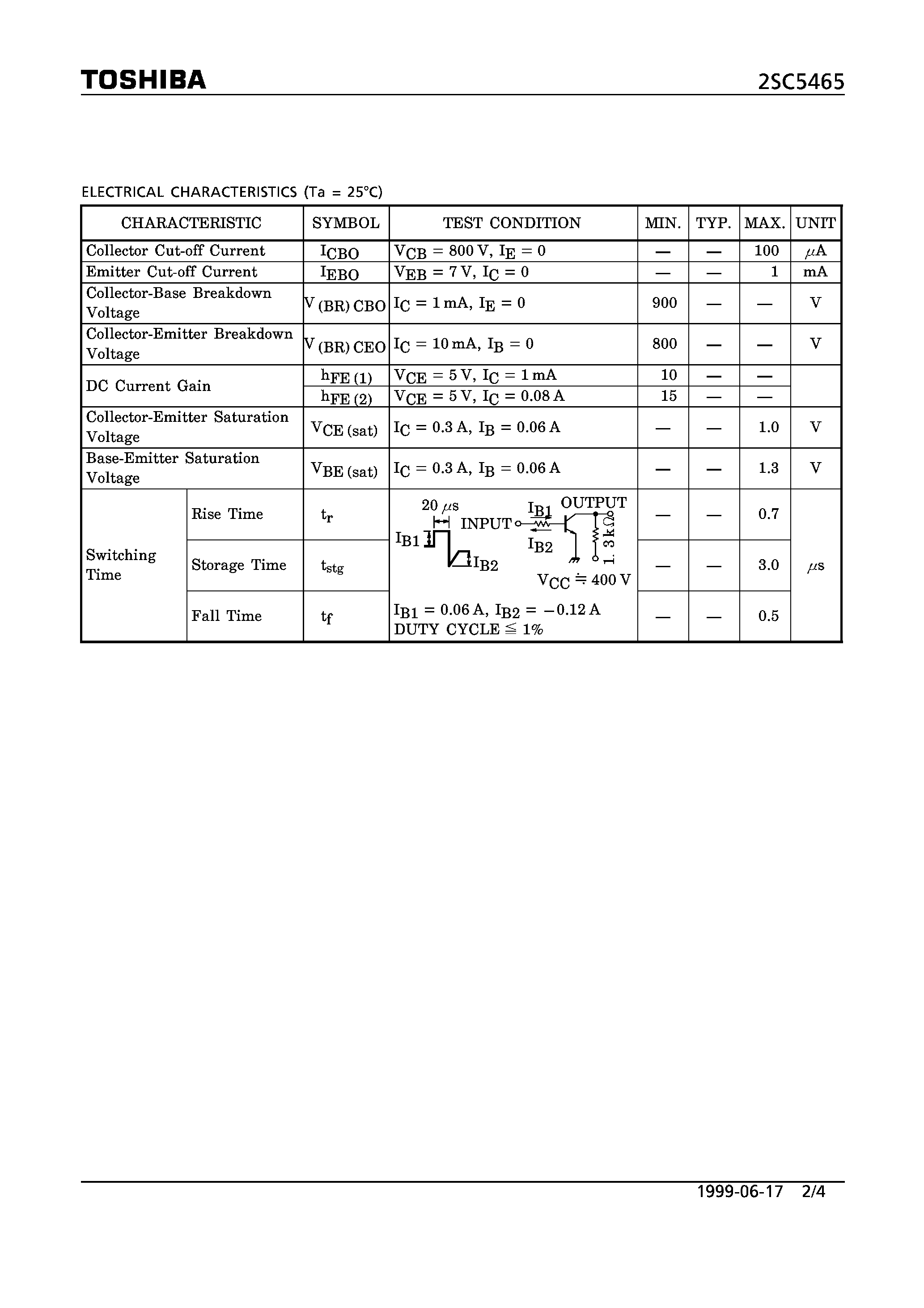 Даташит на микросхему 2SC5465 страница 2 Даташит 2SC5465 - SWITCHING REGULATOR AND HIGH VOLTAGE SWITCHING APPLICATIONS страница 2
