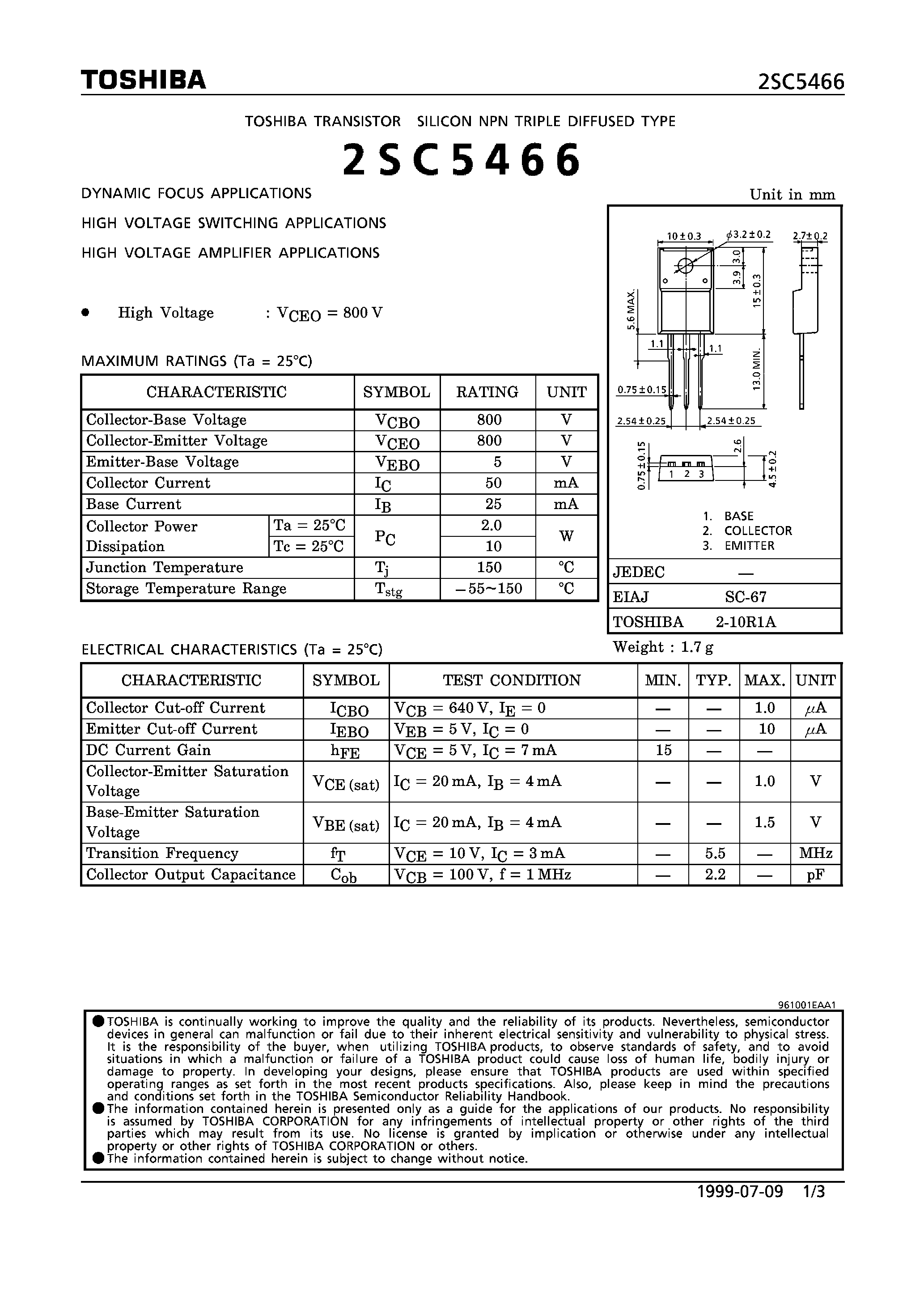 Даташит на микросхему 2SC5466 страница 1 Даташит 2SC5466 - NPN TRIPLE DIFFUSED TYPE (DYNAMIC FOCUS/ HIGH VOLTAGE SWITCHING/AMPLIFIER APPLICATIONS) страница 1