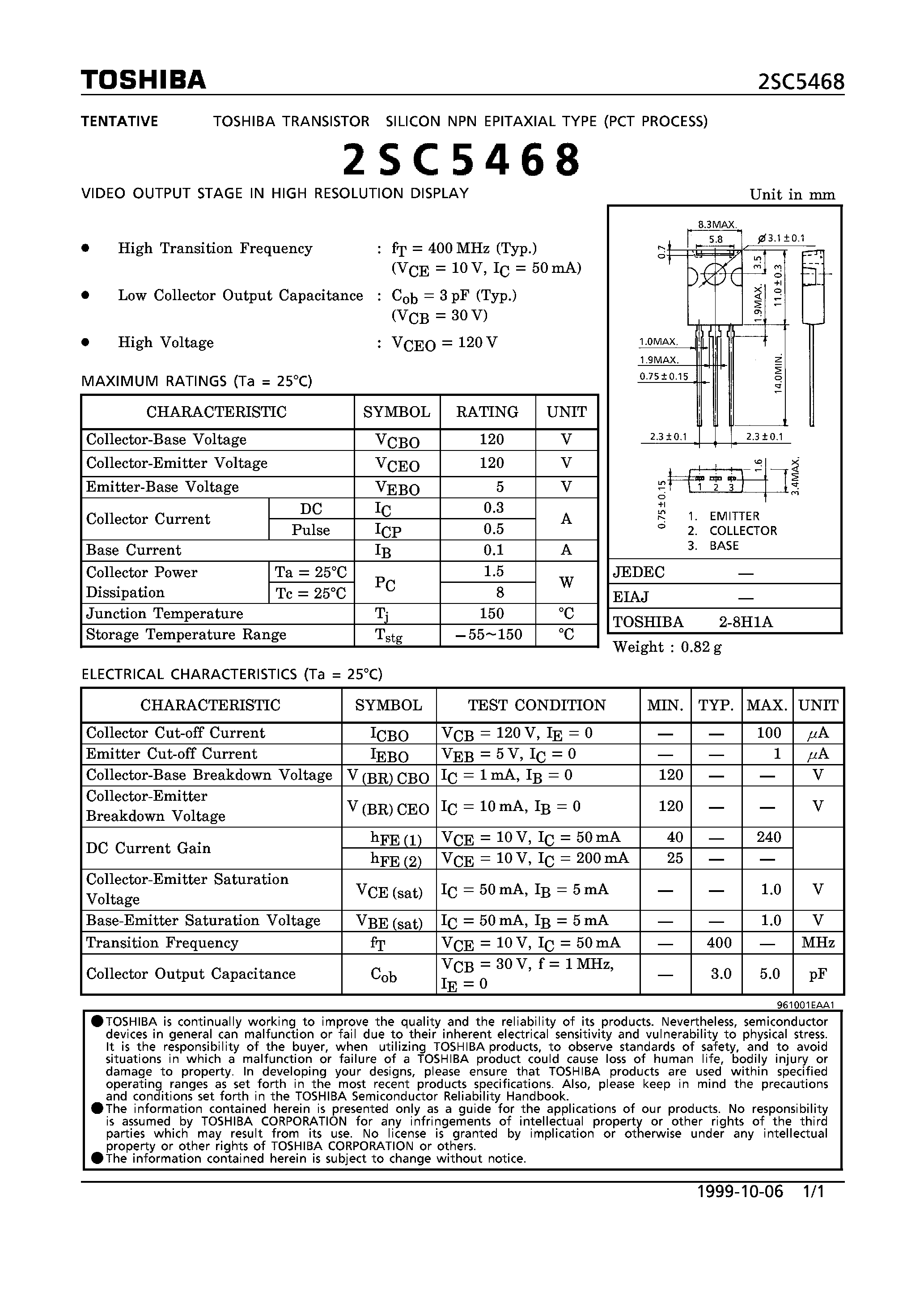Datasheet 2SC5468 - NPN EPITAXIAL TYPE (VIDEO OUTPUT STAGE IN HIGH RESOLUTION DISPLAY) page 1