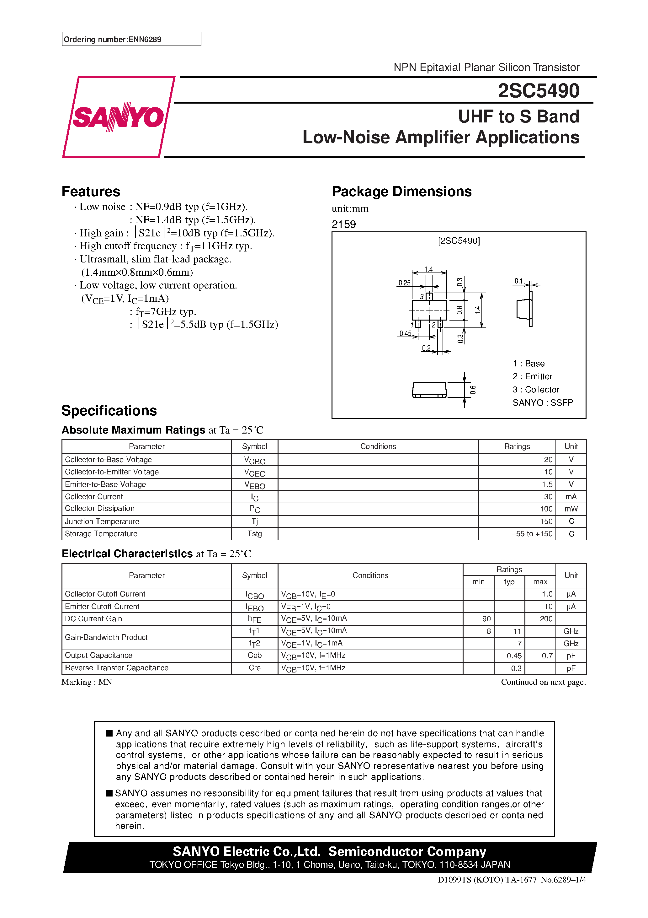 Datasheet 2SC5490 - UHF to S Band Low-Noise Amplifier Applications page 1
