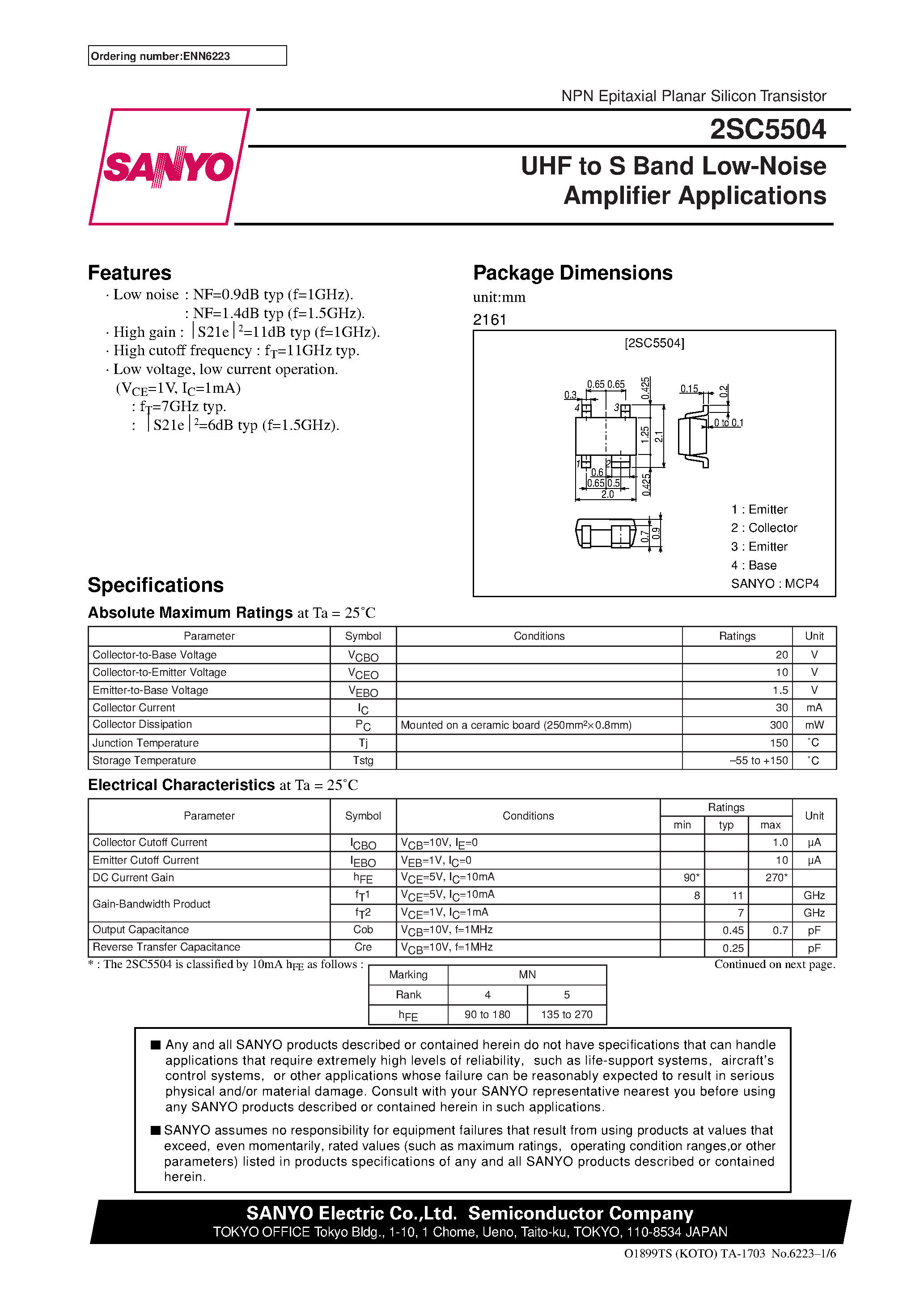 Datasheet 2SC5504 - UHF to S Band Low-Noise Amplifier Applications page 1