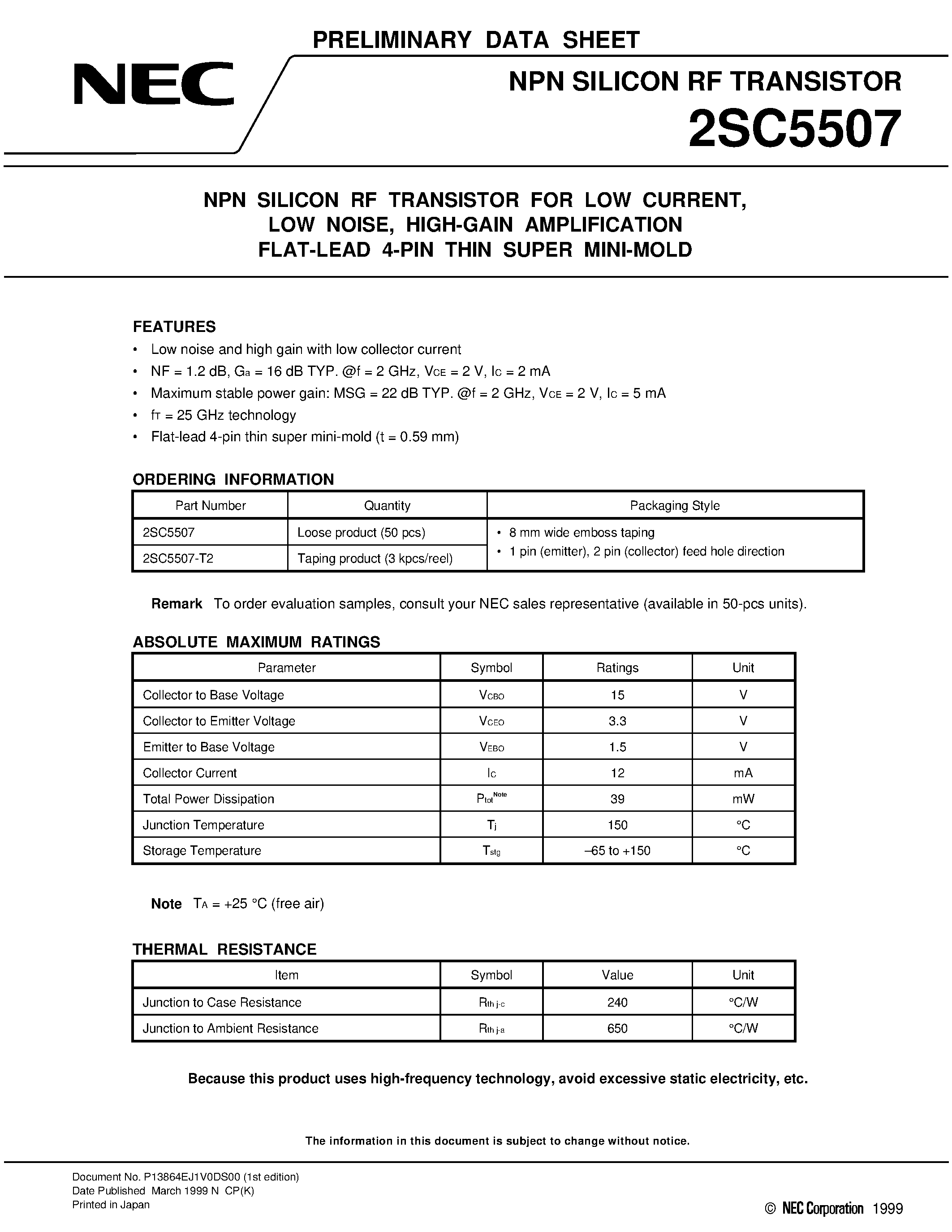 Datasheet 2SC5507 - NPN SILICON RF TRANSISTOR FOR LOW CURRENT/ LOW NOISE/ HIGH-GAIN AMPLIFICATION FLAT-LEAD 4-PIN THIN SUPER MINI-MOLD page 1