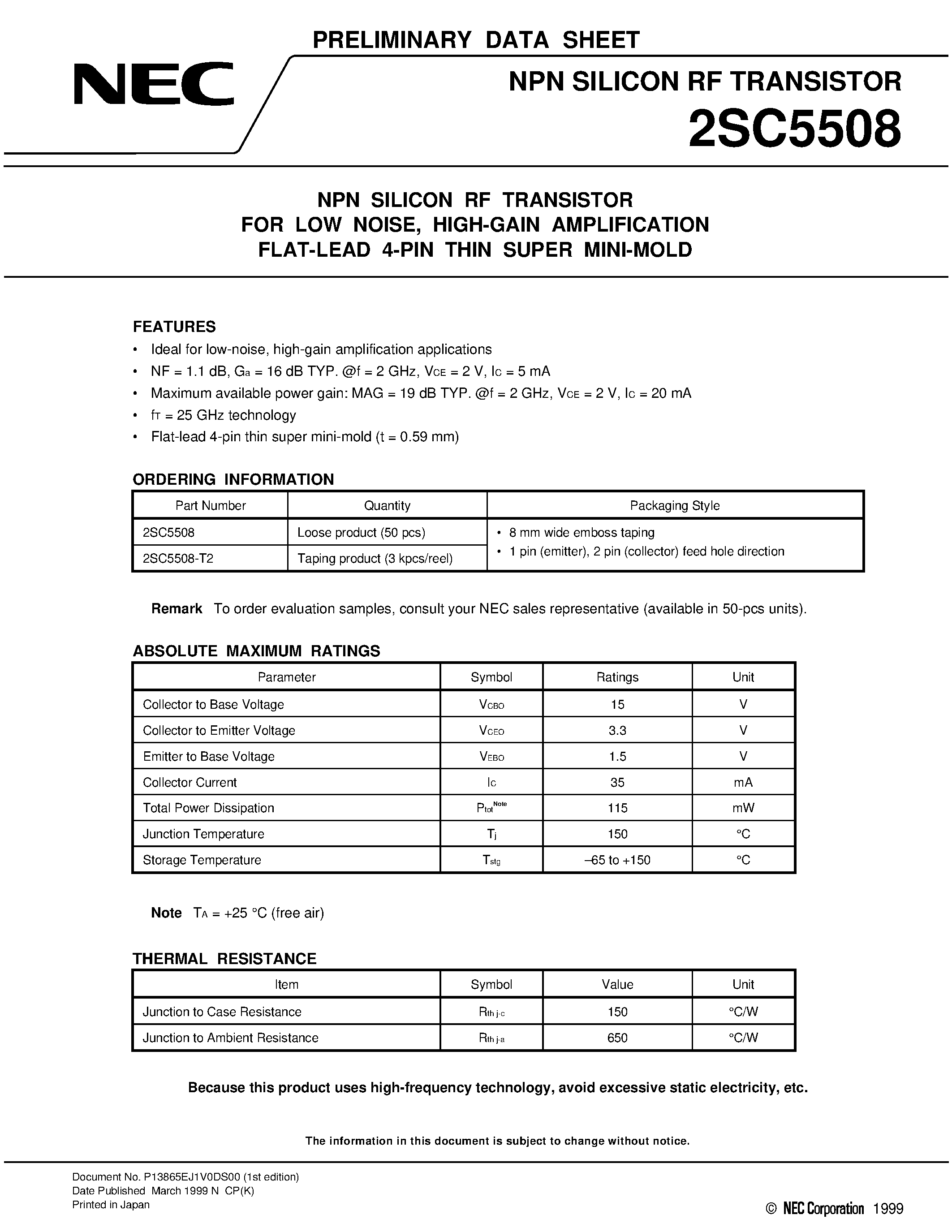 Datasheet 2SC5508 - NPN SILICON RF TRANSISTOR FOR LOW NOISE/ HIGH-GAIN AMPLIFICATION FLAT-LEAD 4-PIN THIN SUPER MINI-MOLD page 1