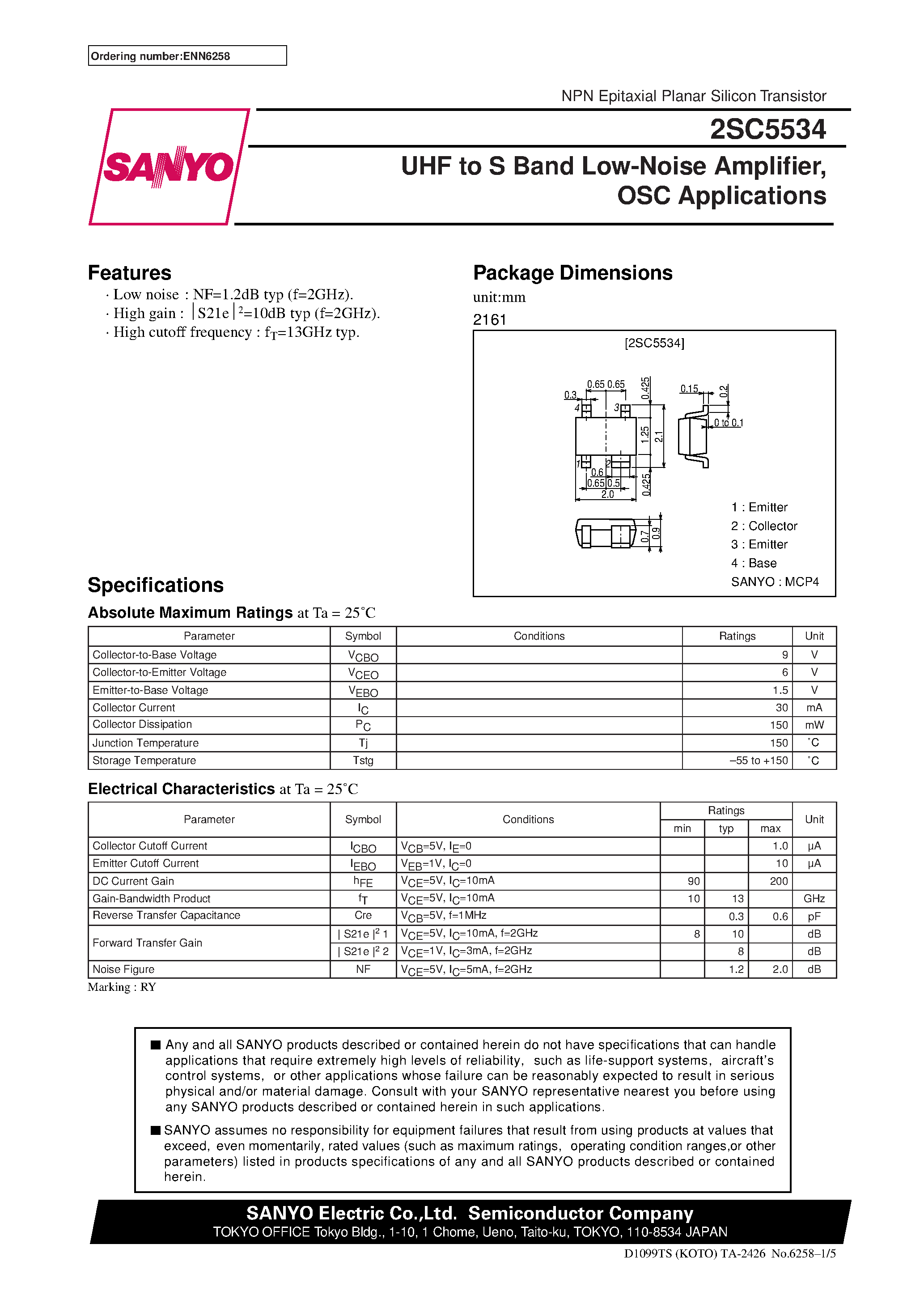 Datasheet 2SC5534 - UHF to S Band Low-Noise Amplifier/ OSC Applications page 1