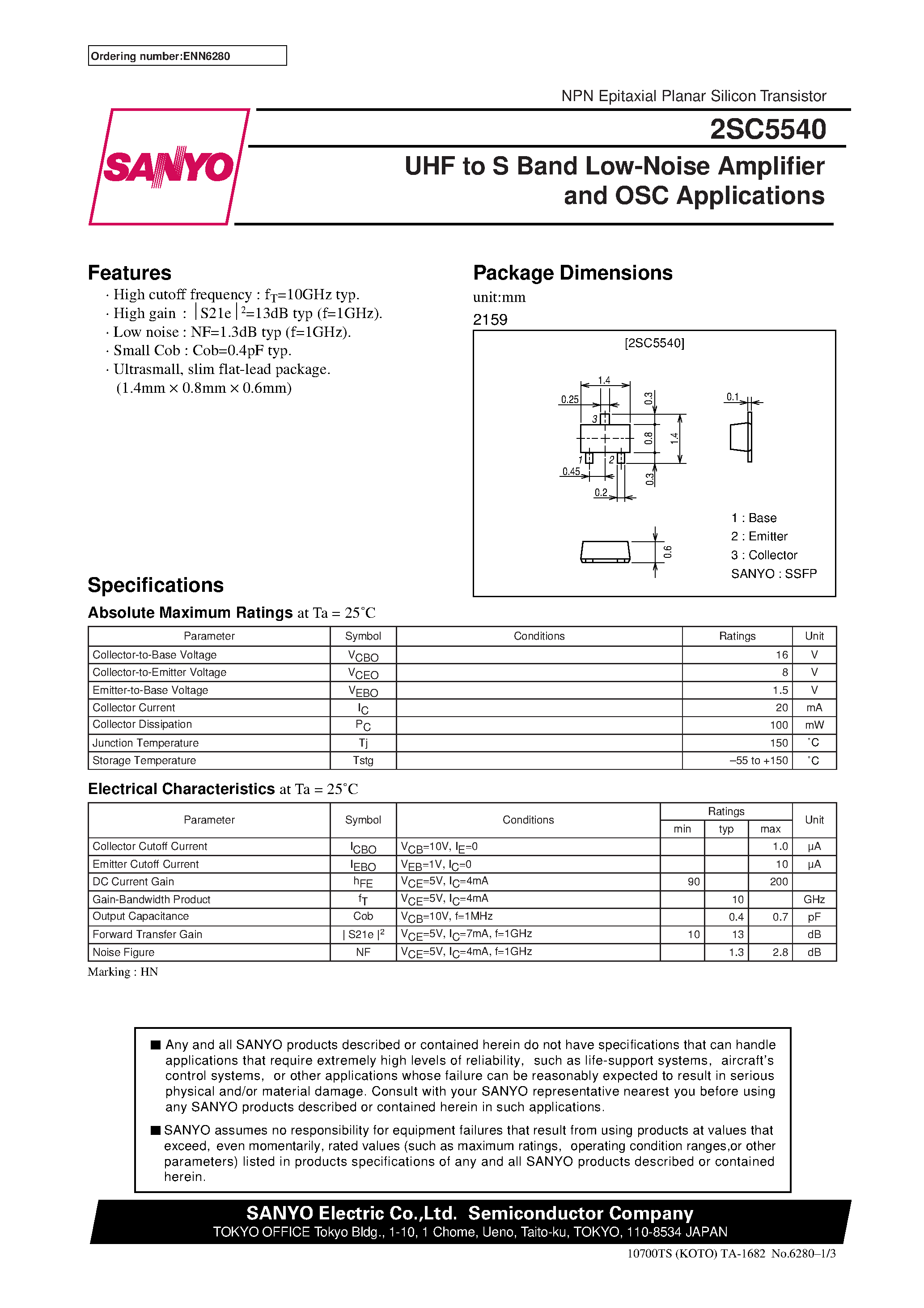 Datasheet 2SC5540 - UHF to S Band Low-Noise Amplifier and OSC Applications page 1