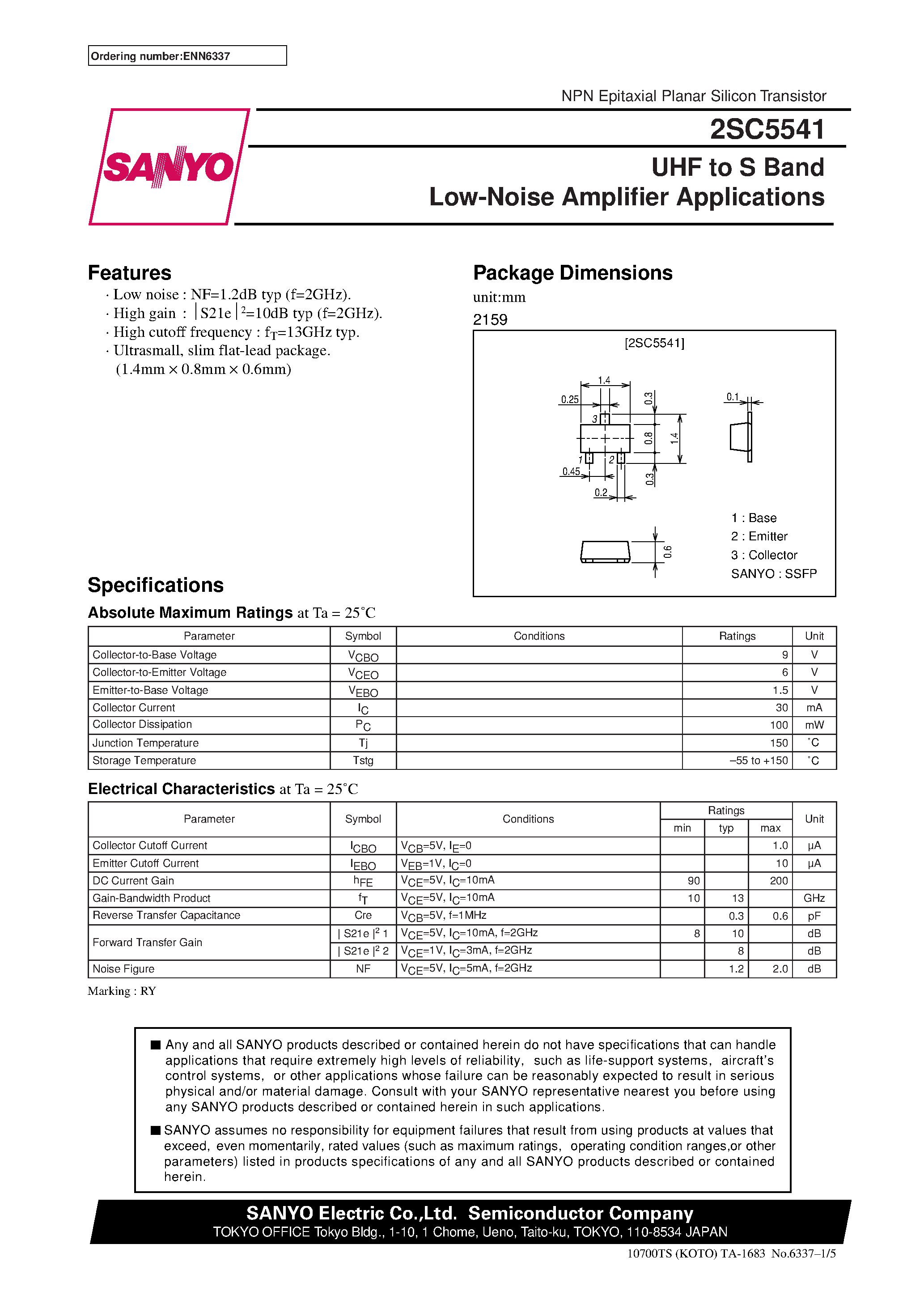 Datasheet 2SC5541 - UHF to S Band Low-Noise Amplifier Applications page 1