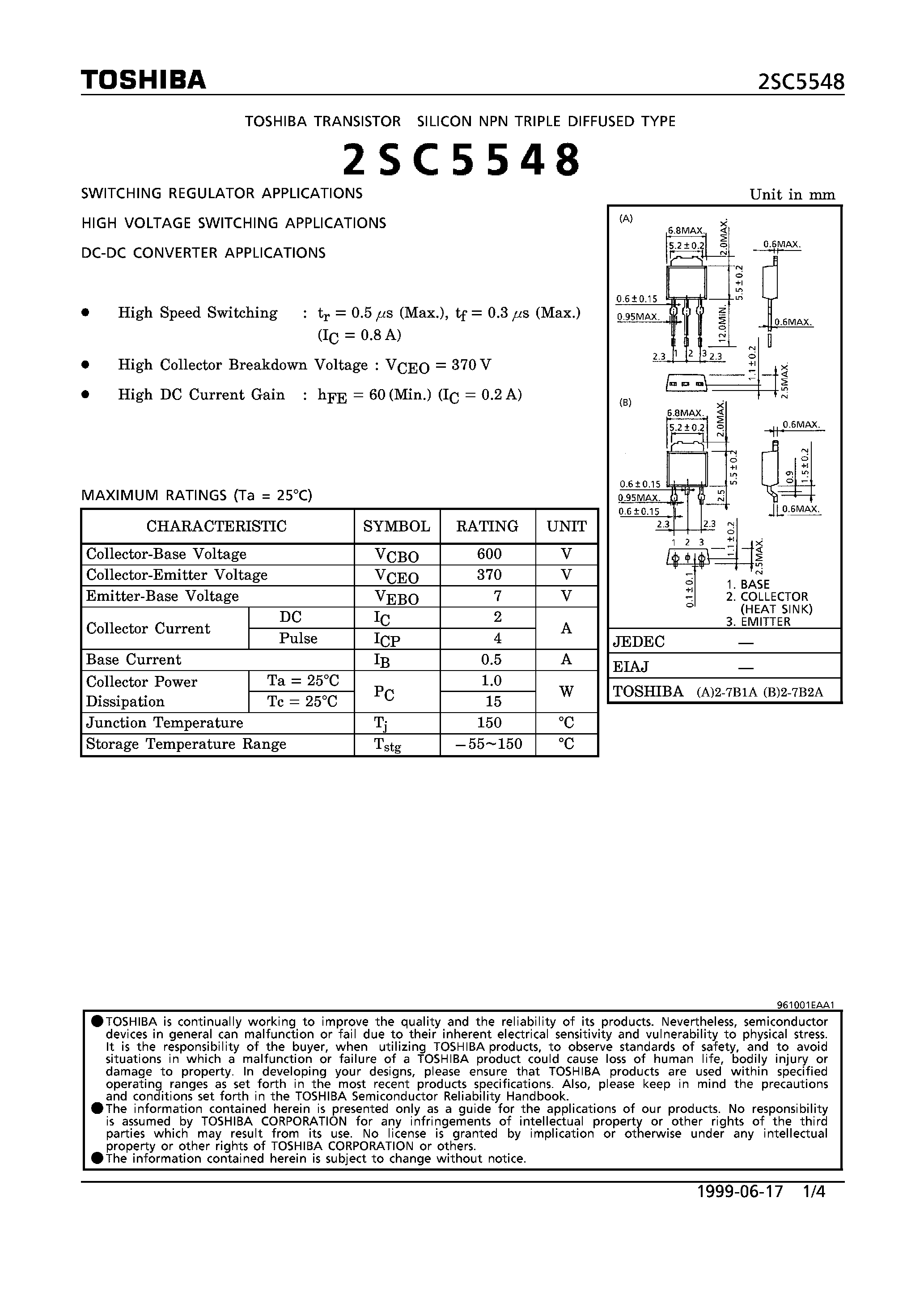 Даташит на микросхему 2SC5548 страница 1 Даташит 2SC5548 - NPN TRIPLE DIFFUSED TYPE (SWITCHING REGULATOR/ HIGH VOLTAGE SWITCHING/ DC-DC CONVERTER APPLICATIONS) страница 1