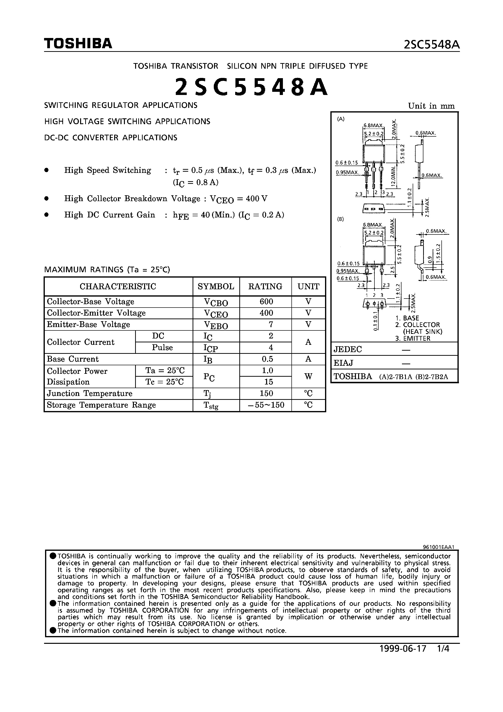 Даташит на микросхему 2SC5548A страница 1 Даташит 2SC5548A - NPN TRIPLE DIFFUSED TYPE (SWITCHING REGULATOR/ HIGH VOLTAGE SWITCHING/ DC-DC CONVERTER APPLICATIONS) страница 1