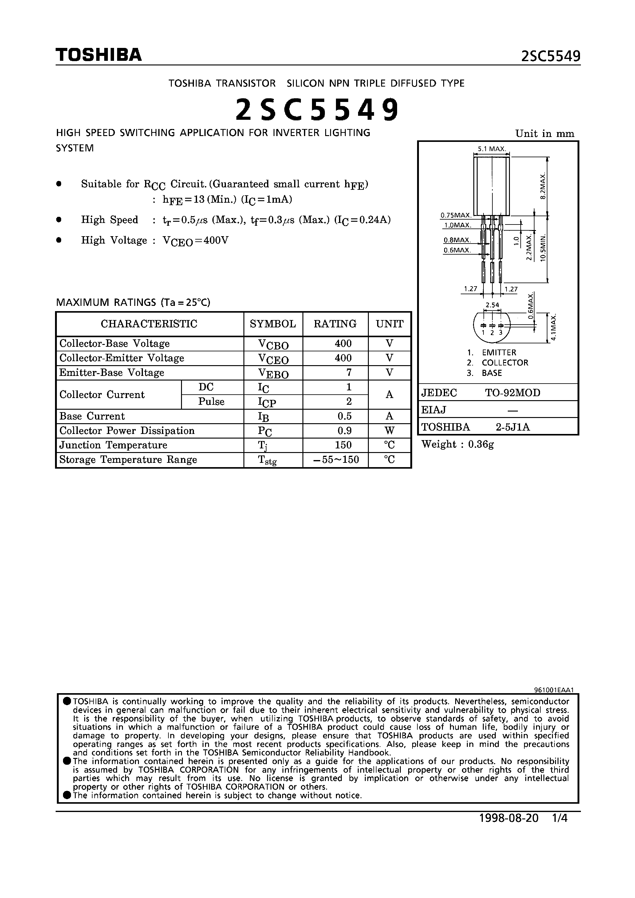 Даташит на микросхему 2SC5549 страница 1 Даташит 2SC5549 - NPN TRIPLE DIFFUSED TYPE (HIGH SPEED SWITCHING APPLICATIONS FOR INVERTER LIGHTING SYSTEM) страница 1
