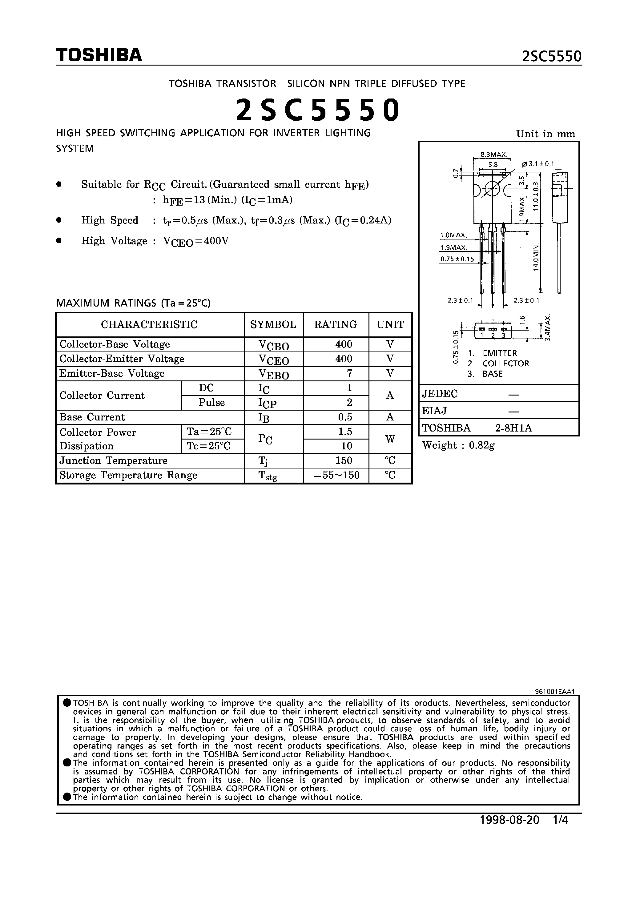 Даташит на микросхему 2SC5550 страница 1 Даташит 2SC5550 - NPN TRIPLE DIFFUSED TYPE (HIGH SPEED SWITCHING APPLICATION FOR INVERTER LIGHTING SYSTEM) страница 1