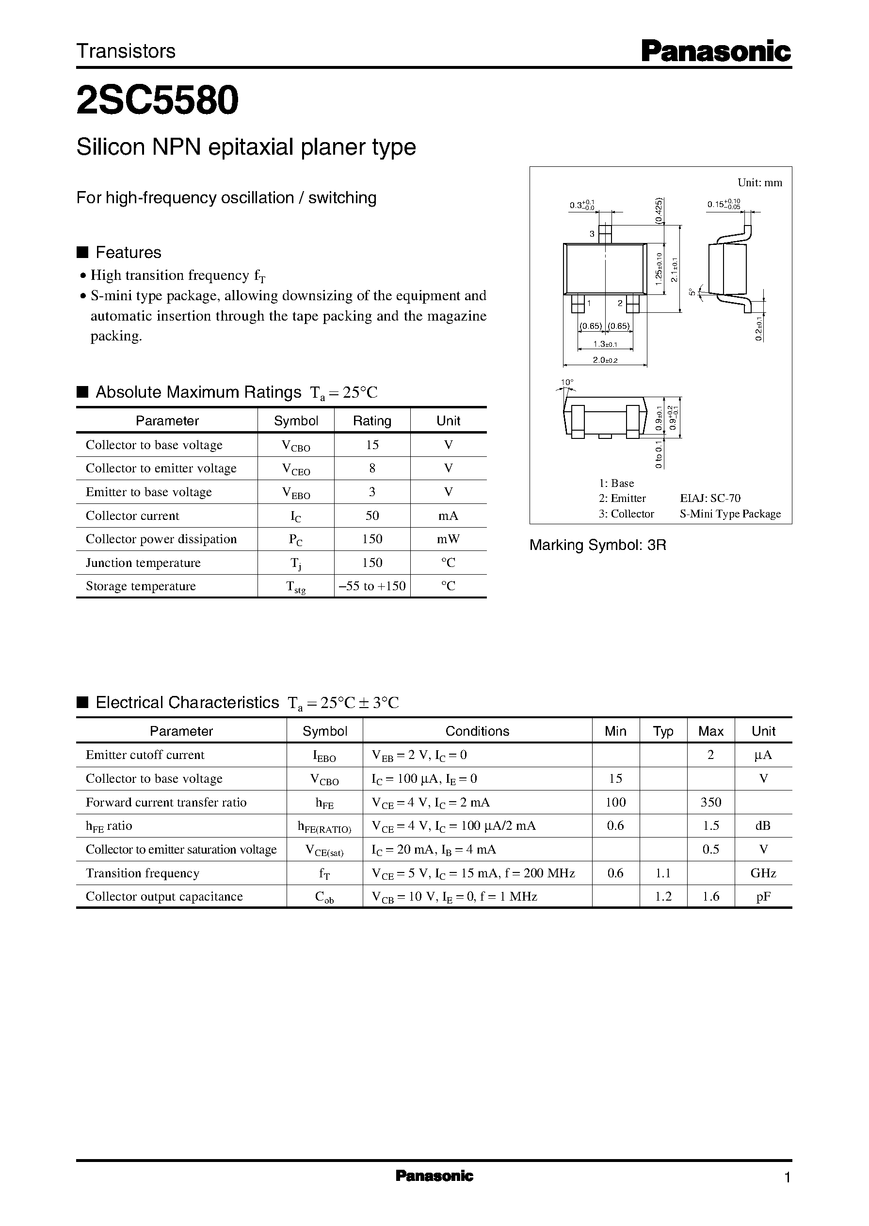 Даташит на микросхему 2SC5580 страница 1 Даташит 2SC5580 - Silicon NPN epitaxial planer type(For high-frequency oscillation / switching) страница 1