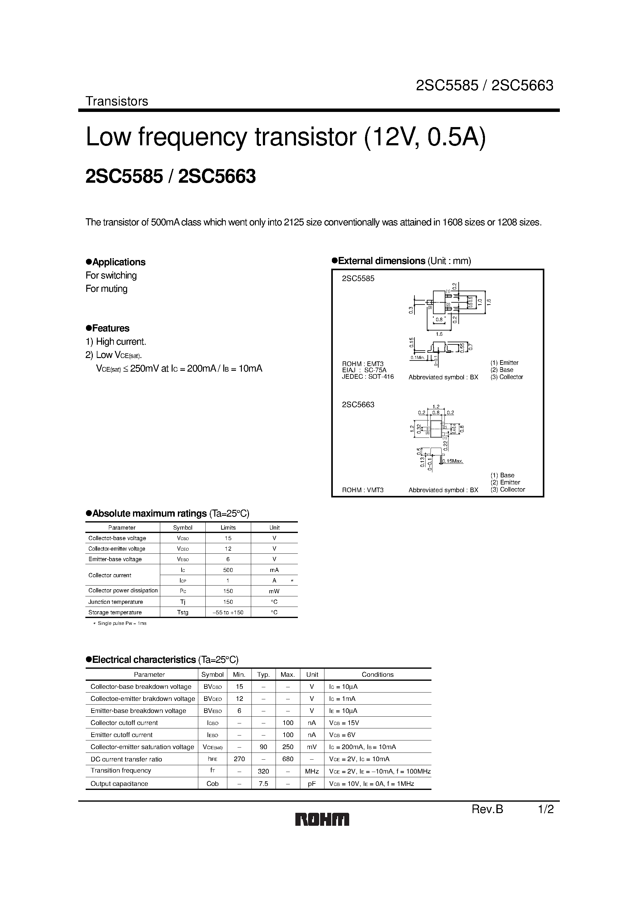 Datasheet 2SC5585 - Low frequency transistor (12V/ 0.5A) page 1