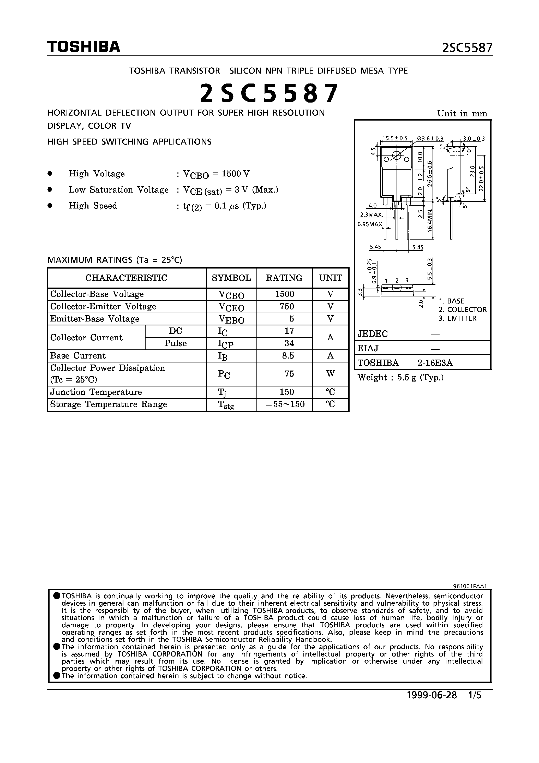 Даташит на микросхему 2SC5587 страница 1 Даташит 2SC5587 - NPN TRIPLE DIFFUSED MESA TYPE (HORIZONTAL DEFLECTION OUTPUT FOR SUPER HIGH RESOLUTION DISPLAY/ COLOR TV. HIGH SPEED SWITCHING APPLICATIONS) страница 1