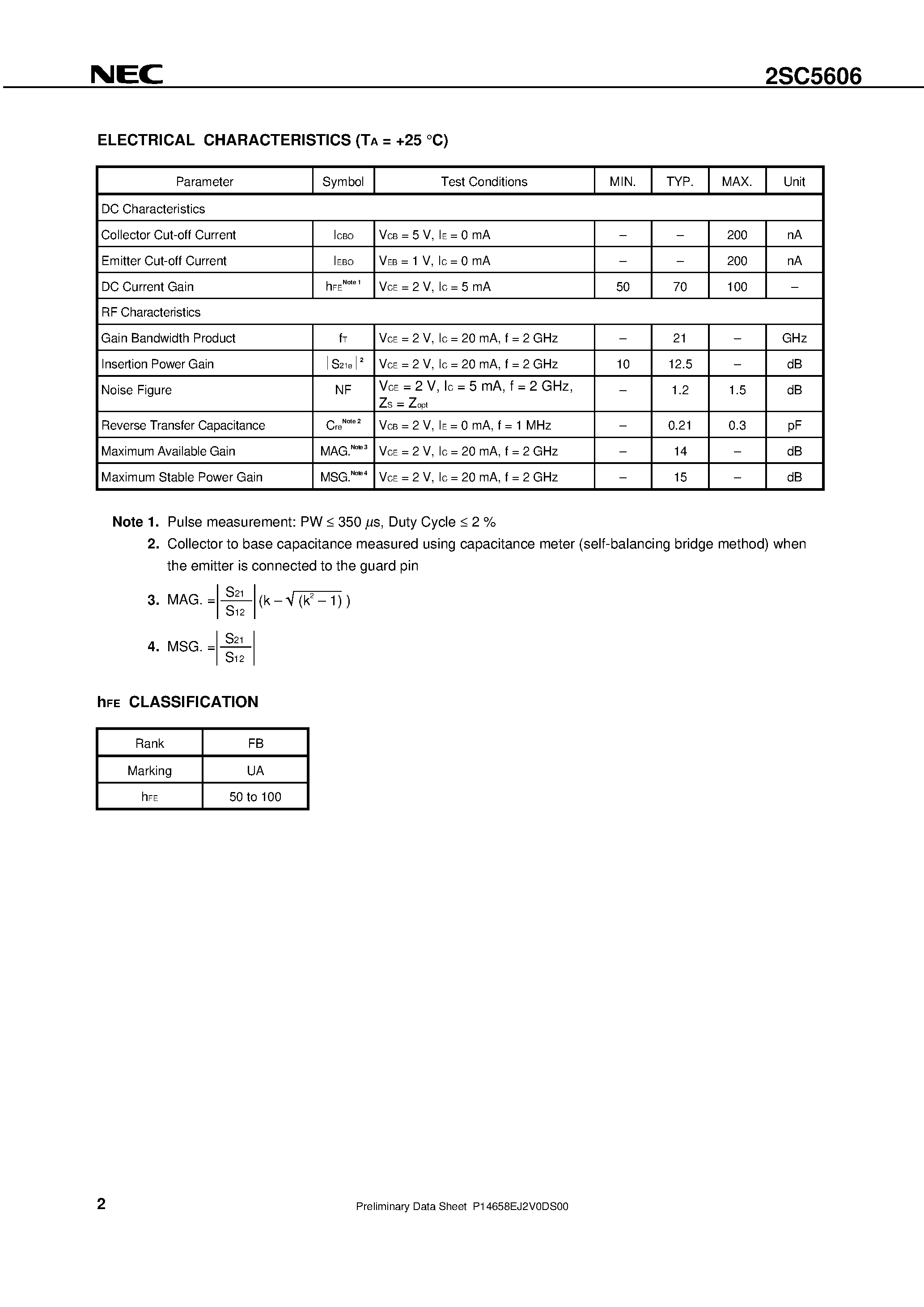 Datasheet 2SC5606-T1 - NPN SILICON RF TRANSISTOR FOR LOW NOISE HIGH-GAIN AMPLIFICATION 3-PIN ULTRA SUPER MINIMOLD page 2