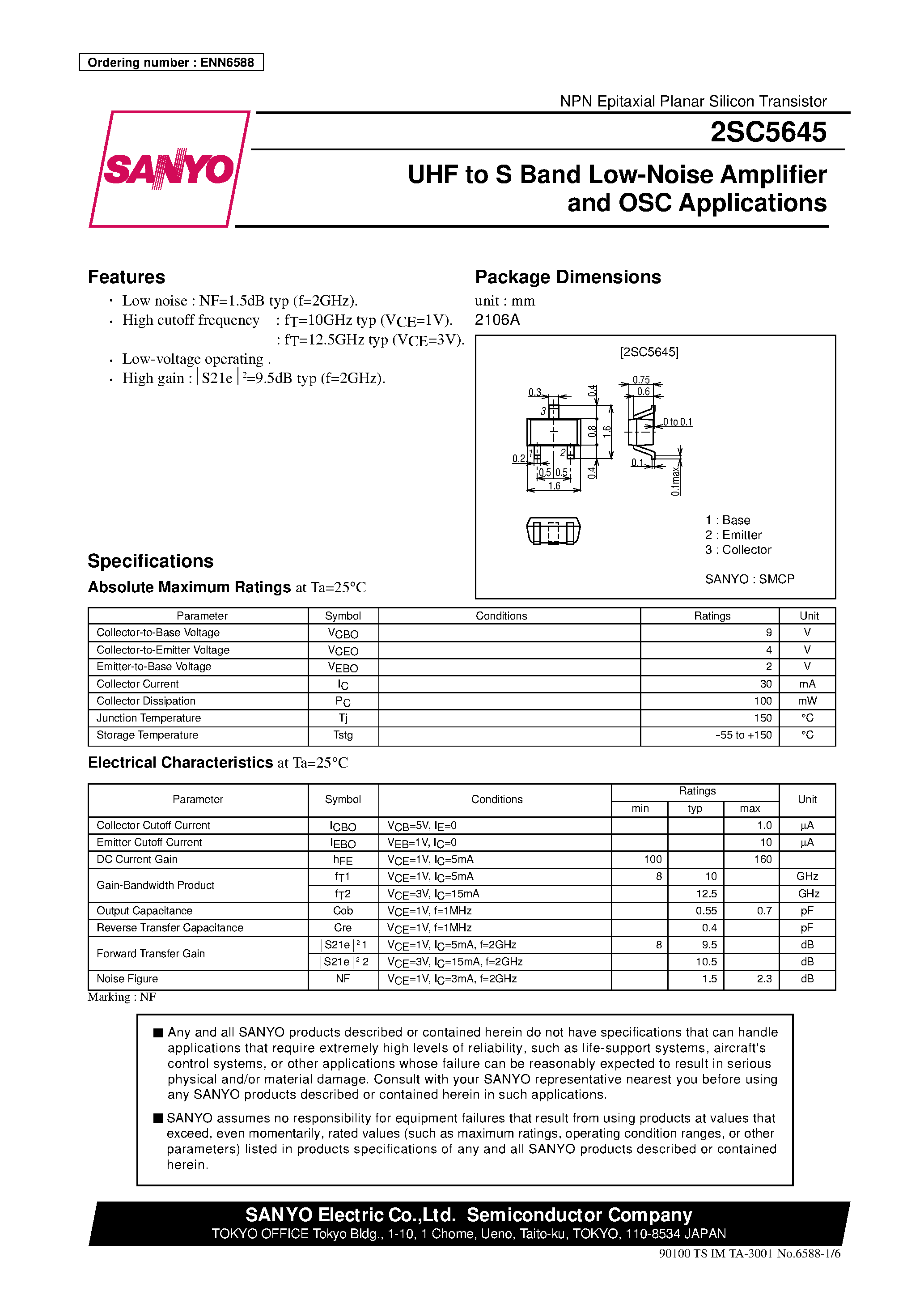 Datasheet 2SC5645 - UHF to S Band Low-Noise Amplifier and OSC Applications page 1
